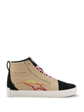 Alpinestars Ride-63 Canvas Shoes, sneaker alte, beige e nero con lacci rosa, suola bianca, logo a stella multicolore rosso e giallo, texture effetto scamosciato, calzature casual ispirate al motorsport
