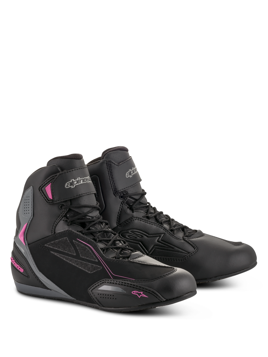 Scarpe Alpinestars Stella Faster-3 Drystar da donna, scarpe da moto, nero, grigio scuro e fucsia, costruzione in microfibra impermeabile e pelle scamosciata PU, chiusura con lacci e cinturino in velcro sulla caviglia, design sportivo urbano elegante