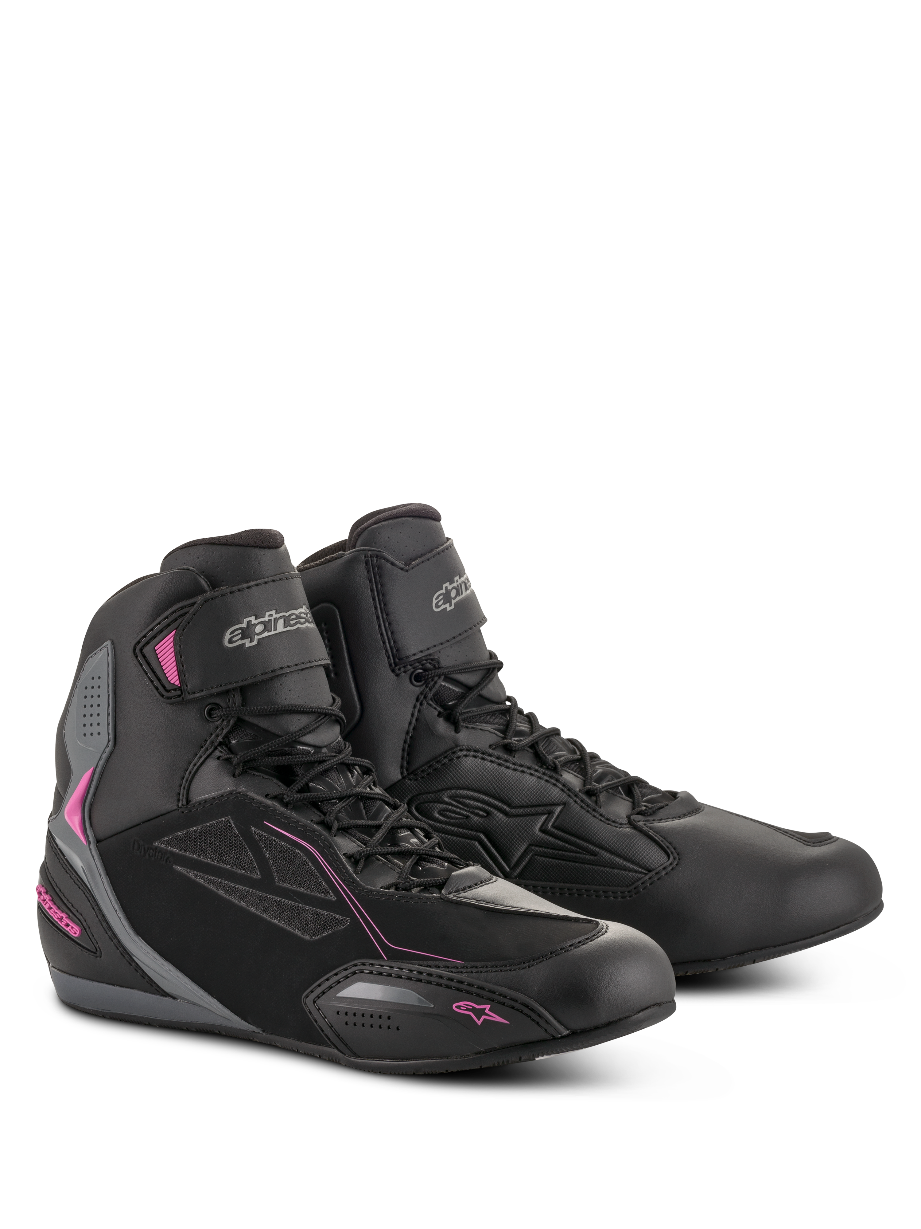 Scarpe Alpinestars Stella Faster-3 Drystar da donna, scarpe da moto, nero, grigio scuro e fucsia, costruzione in microfibra impermeabile e pelle scamosciata PU, chiusura con lacci e cinturino in velcro sulla caviglia, design sportivo urbano elegante