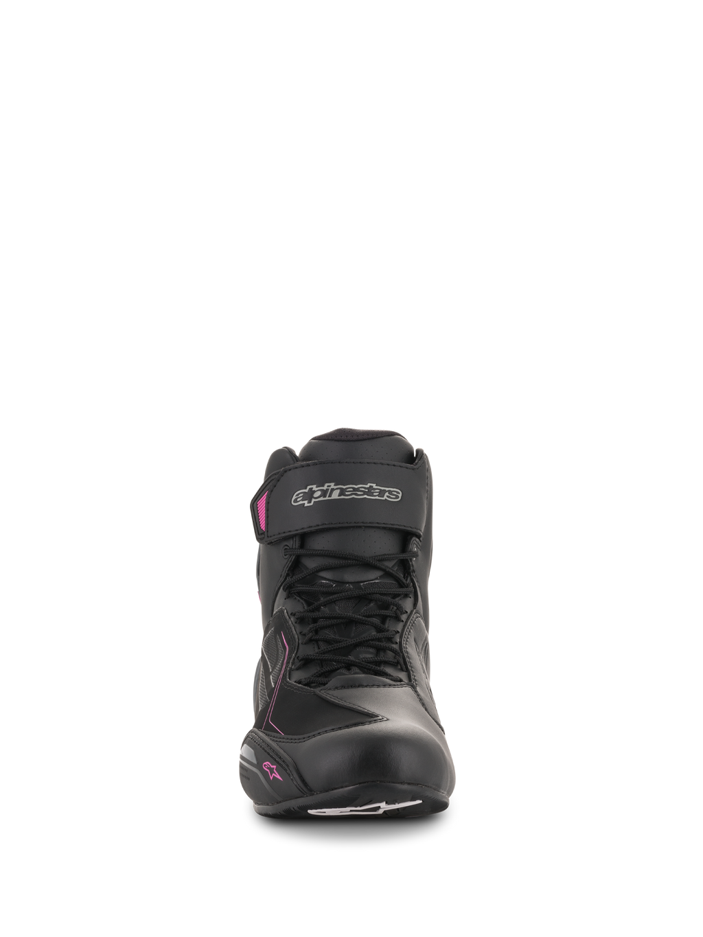 Scarpe Alpinestars Stella Faster-3 Drystar® da donna, scarpe da moto, nero, grigio scuro e fucsia, vista frontale con chiusura stringata, cinturino alla caviglia con logo argento e dettagli rosa su un profilo femminile