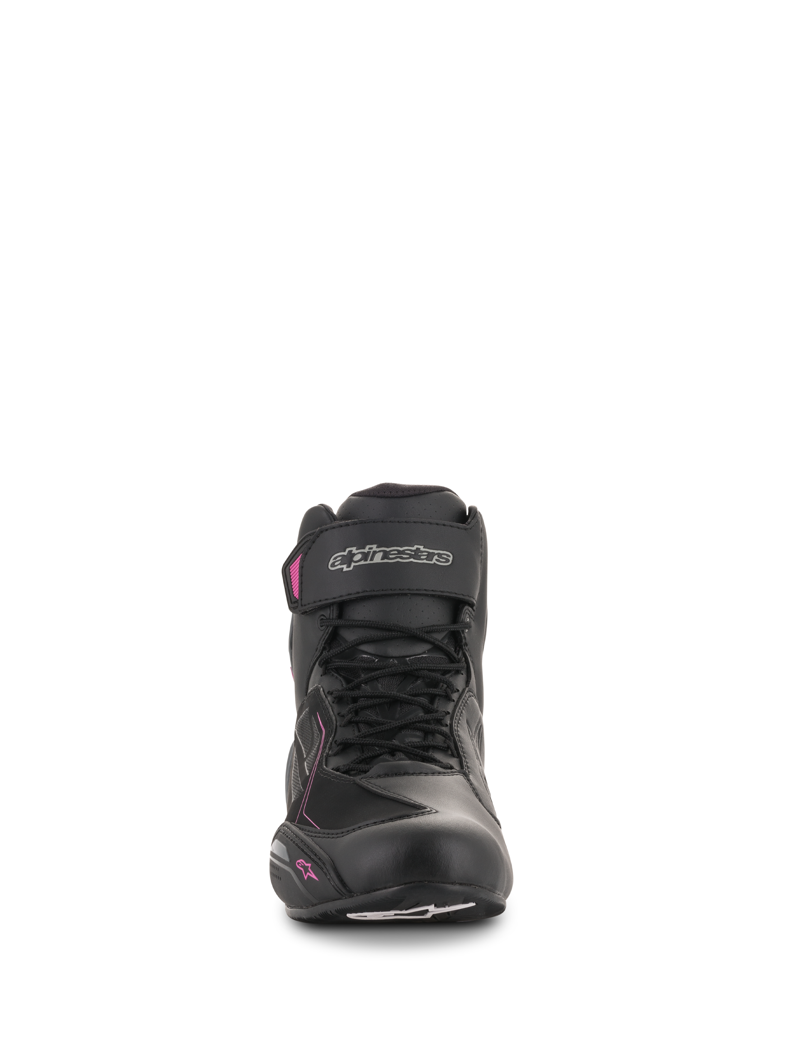 Scarpe Alpinestars Stella Faster-3 Drystar® da donna, scarpe da moto, nero, grigio scuro e fucsia, vista frontale con chiusura stringata, cinturino alla caviglia con logo argento e dettagli rosa su un profilo femminile