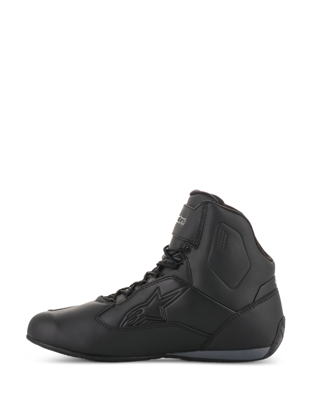 Scarpe Alpinestars Stella Faster-3 Drystar® da donna, nero e grigio scuro, scarpe da moto impermeabili, vista laterale con telaio in microfibra resistente, chiusura con lacci e cinturino sulla caviglia, logo Alpinestars in rilievo.