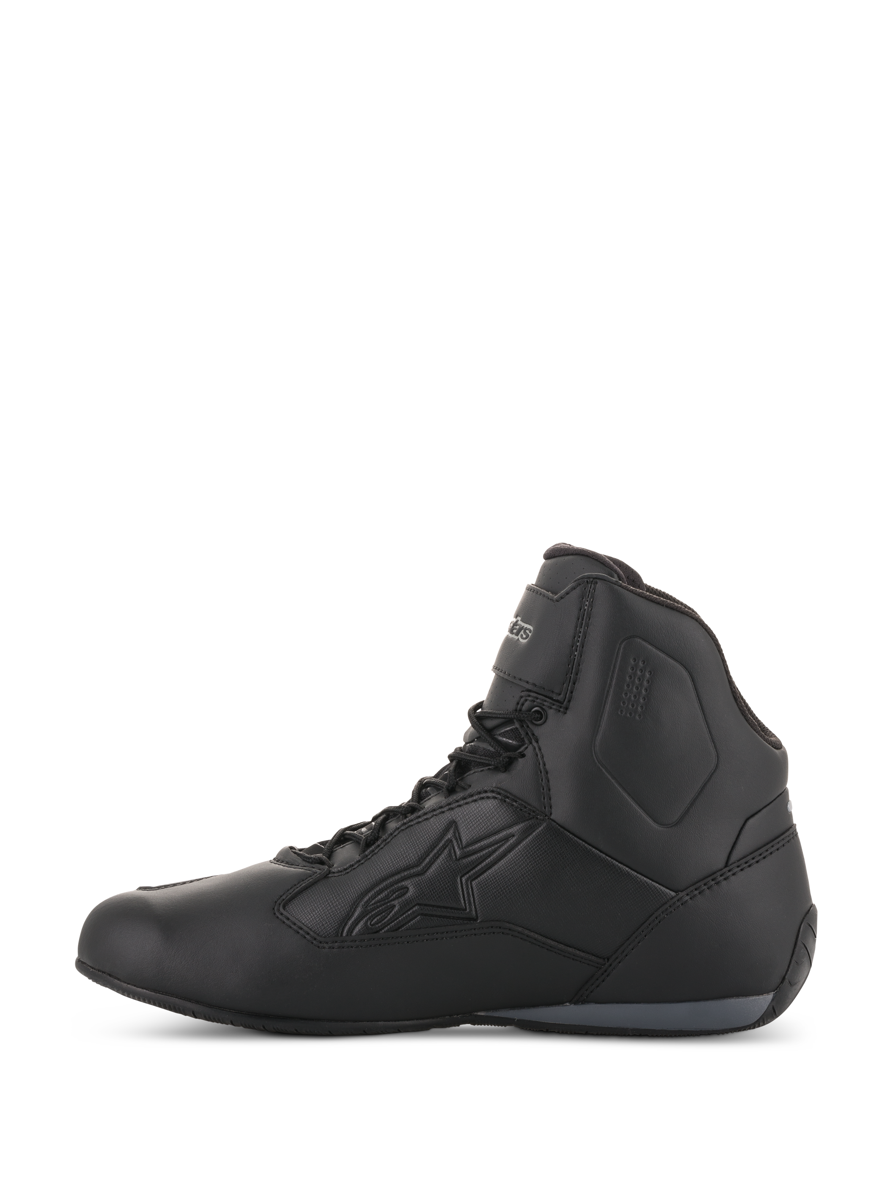 Scarpe Alpinestars Stella Faster-3 Drystar® da donna, nero e grigio scuro, scarpe da moto impermeabili, vista laterale con telaio in microfibra resistente, chiusura con lacci e cinturino sulla caviglia, logo Alpinestars in rilievo.