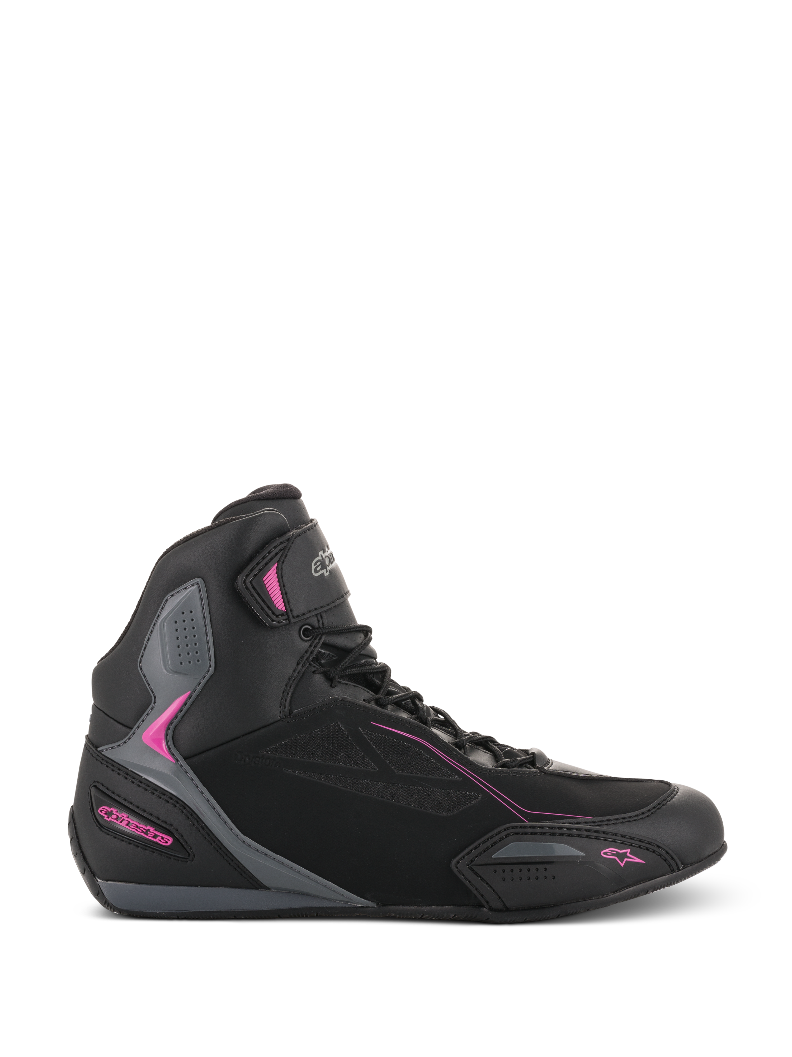 Alpinestars Stella Faster-3 Drystar®, scarpe moto da donna, sneaker alte, nere con accenti grigio scuro e rosa fucsia, profilo laterale, chiusura con lacci e cinturino in velcro sulla caviglia, pannelli protettivi rinforzati.