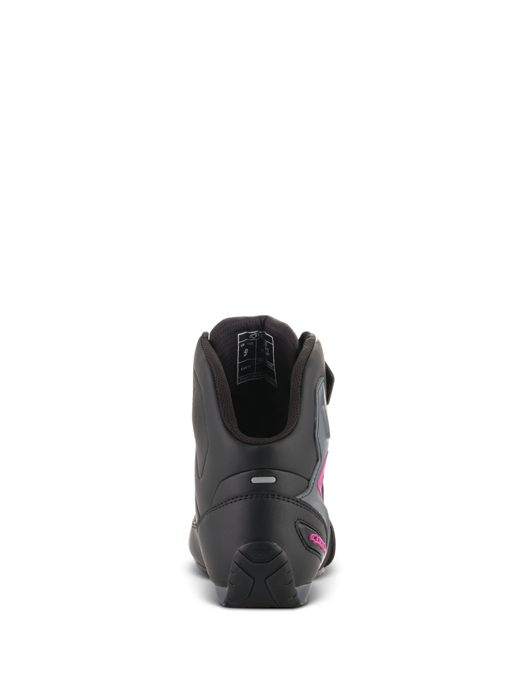 Alpinestars Scarpe Stella Faster-3 Drystar® da donna, nero, grigio scuro e fucsia, vista posteriore del tallone che mostra la striscia riflettente e il logo fucsia, scarpe da moto impermeabili con suola testurizzata e colletto imbottito