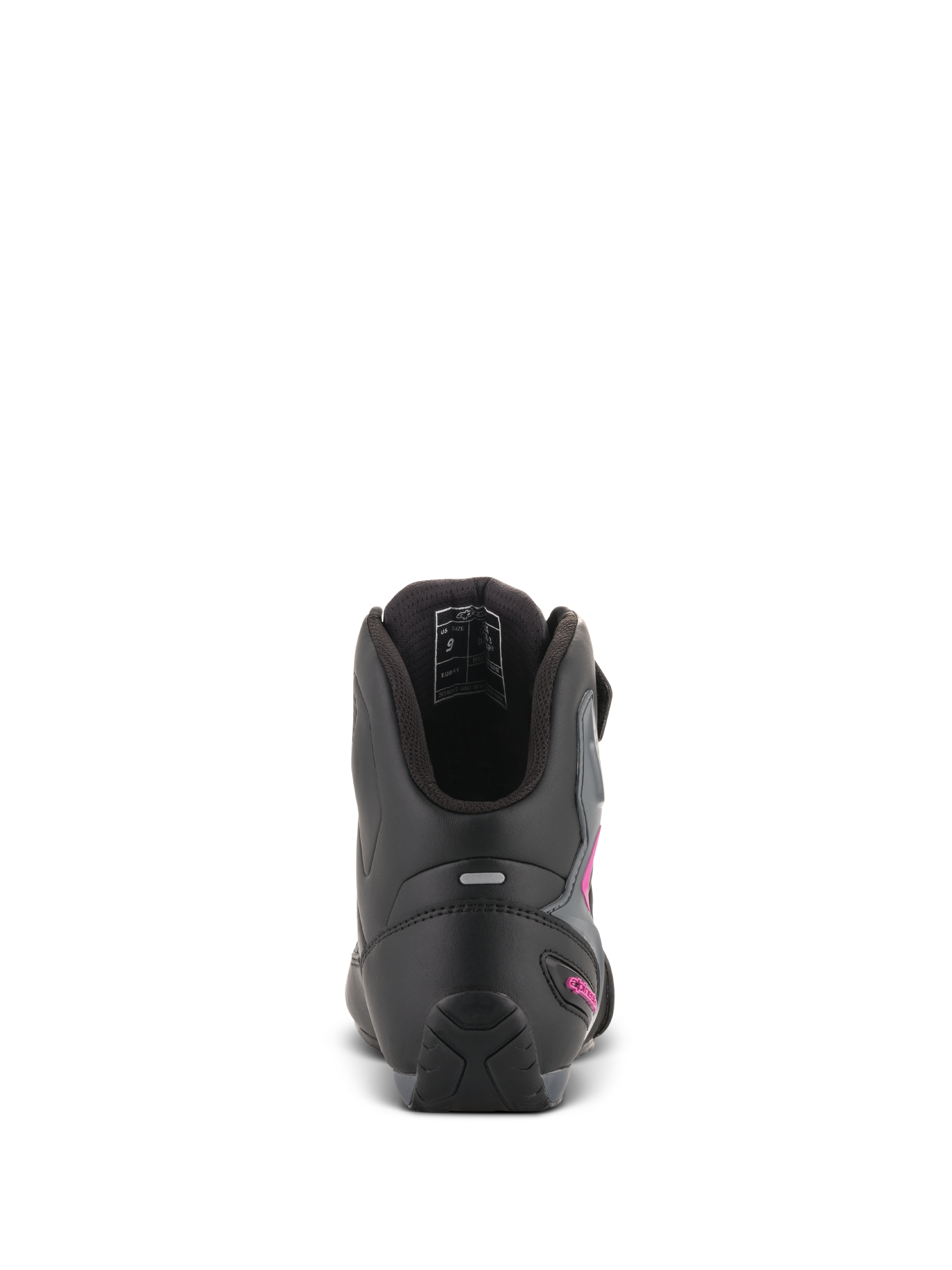 Alpinestars Scarpe Stella Faster-3 Drystar® da donna, nero, grigio scuro e fucsia, vista posteriore del tallone che mostra la striscia riflettente e il logo fucsia, scarpe da moto impermeabili con suola testurizzata e colletto imbottito