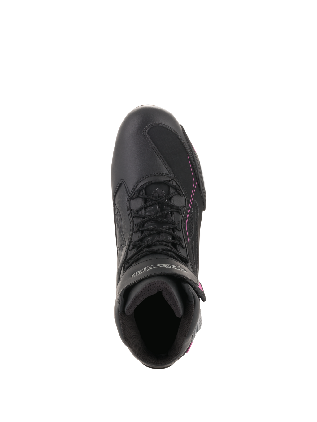 Scarpe Alpinestars Stella Faster-3 Drystar® da donna, scarpe da moto impermeabili, nero, grigio scuro e fucsia, vista dall'alto con chiusura stringata e cinturino a strappo, calzatura protettiva profilata per la guida urbana.