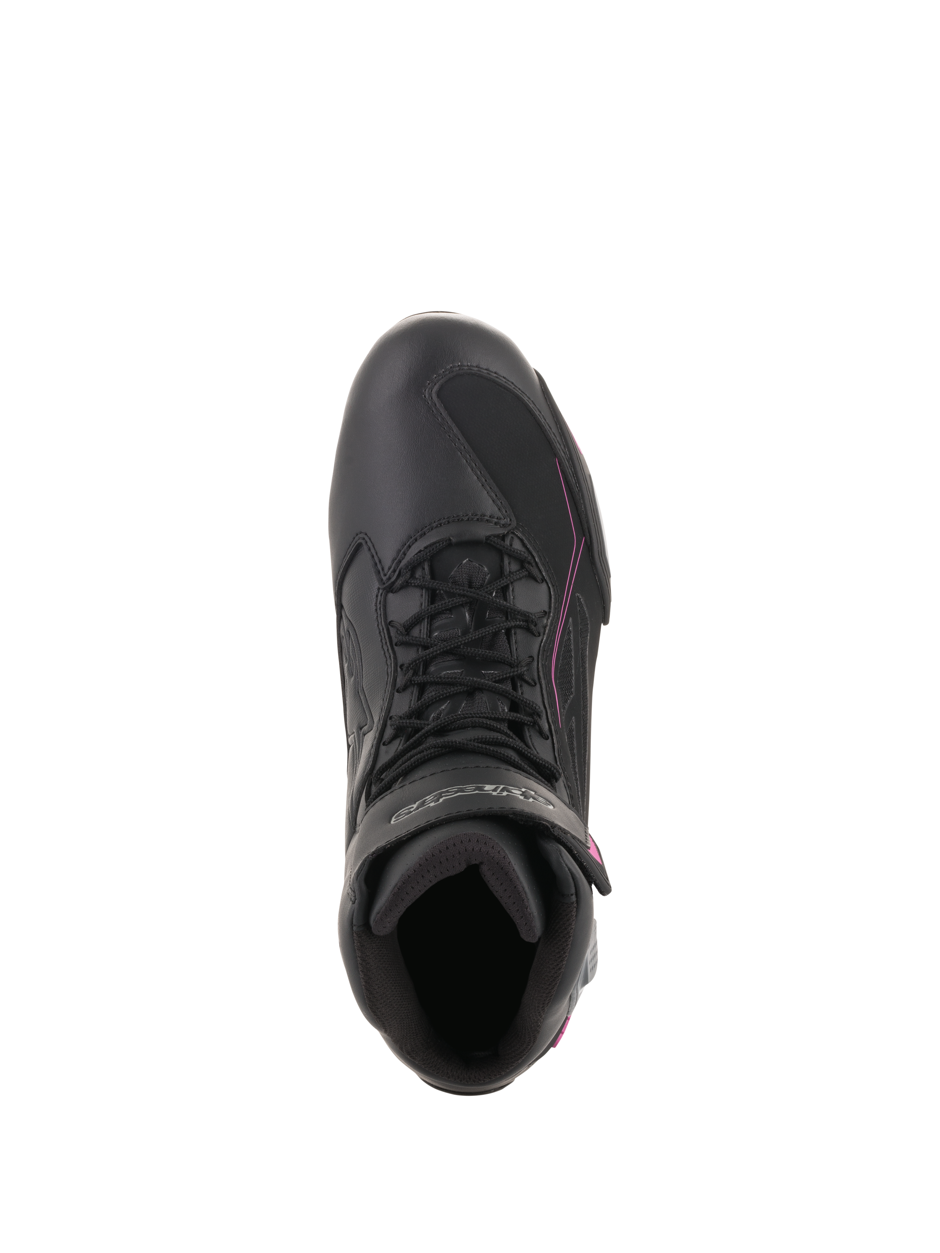 Scarpe Alpinestars Stella Faster-3 Drystar® da donna, scarpe da moto impermeabili, nero, grigio scuro e fucsia, vista dall'alto con chiusura stringata e cinturino a strappo, calzatura protettiva profilata per la guida urbana.