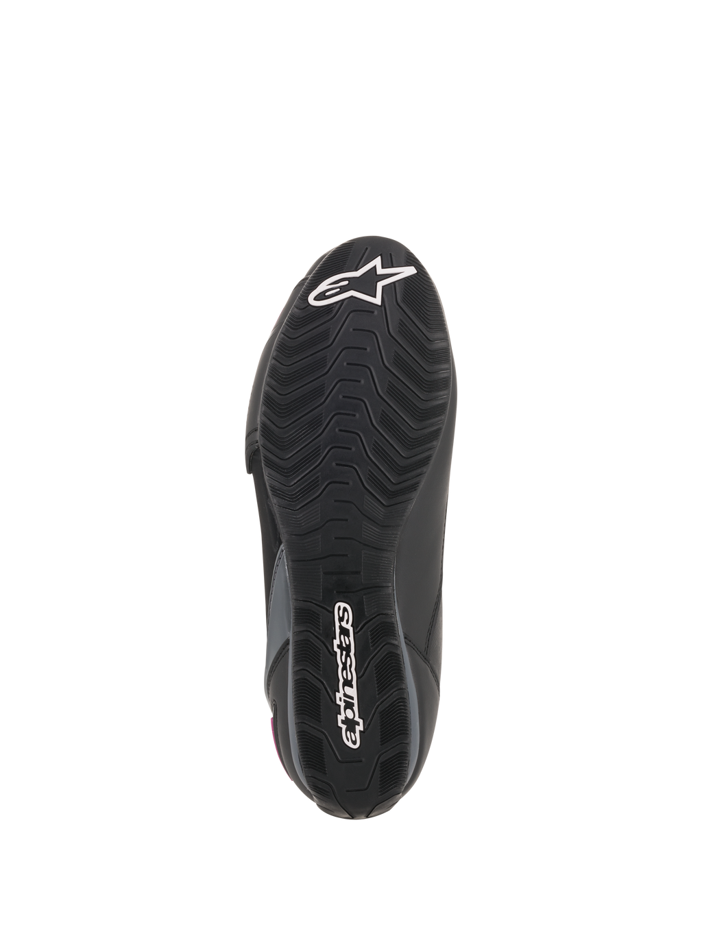 Scarpe Alpinestars Stella Faster-3 Drystar® da donna, vista della suola, suola in gomma nera con motivo grip testurizzato, logo a stella e scritta Alpinestars in bianco, calzatura robusta da moto
