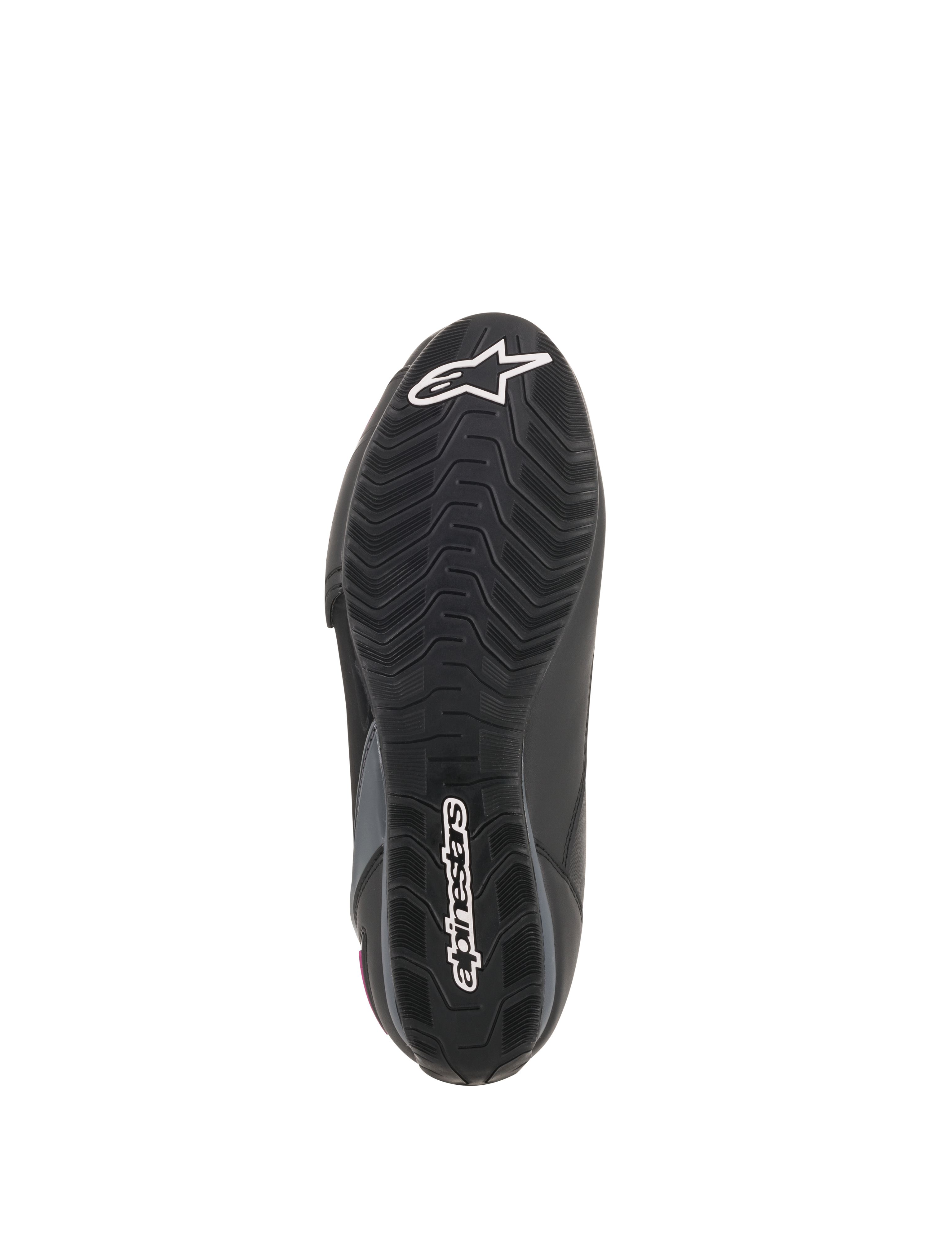 Scarpe Alpinestars Stella Faster-3 Drystar® da donna, vista della suola, suola in gomma nera con motivo grip testurizzato, logo a stella e scritta Alpinestars in bianco, calzatura robusta da moto