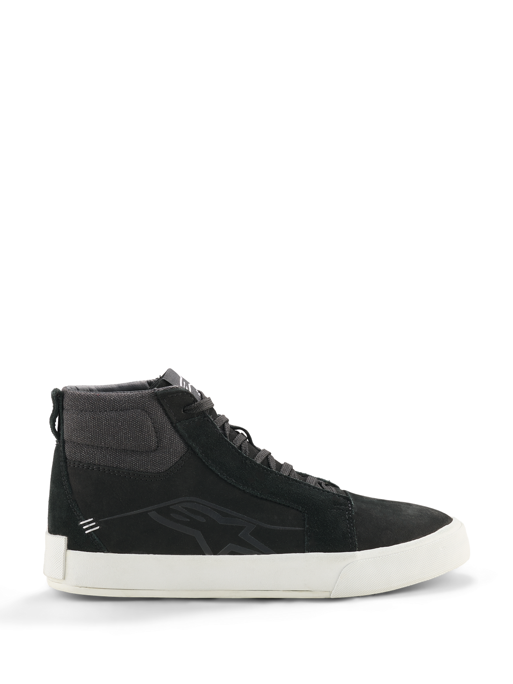Scarpe in pelle Alpinestars Ride-63, sneakers alte nere, calzature da moto urban, suola bianca, colletto sulla caviglia in tessuto strutturato, pannelli in camoscio nero, design minimalista