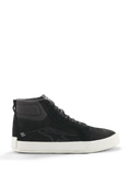 Scarpe in pelle Alpinestars Ride-63, sneakers alte nere, calzature da moto urban, suola bianca, colletto sulla caviglia in tessuto strutturato, pannelli in camoscio nero, design minimalista