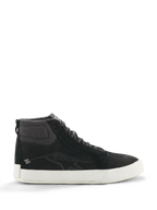 Scarpe in pelle Alpinestars Ride-63, sneakers alte nere, calzature da moto urban, suola bianca, colletto sulla caviglia in tessuto strutturato, pannelli in camoscio nero, design minimalista
