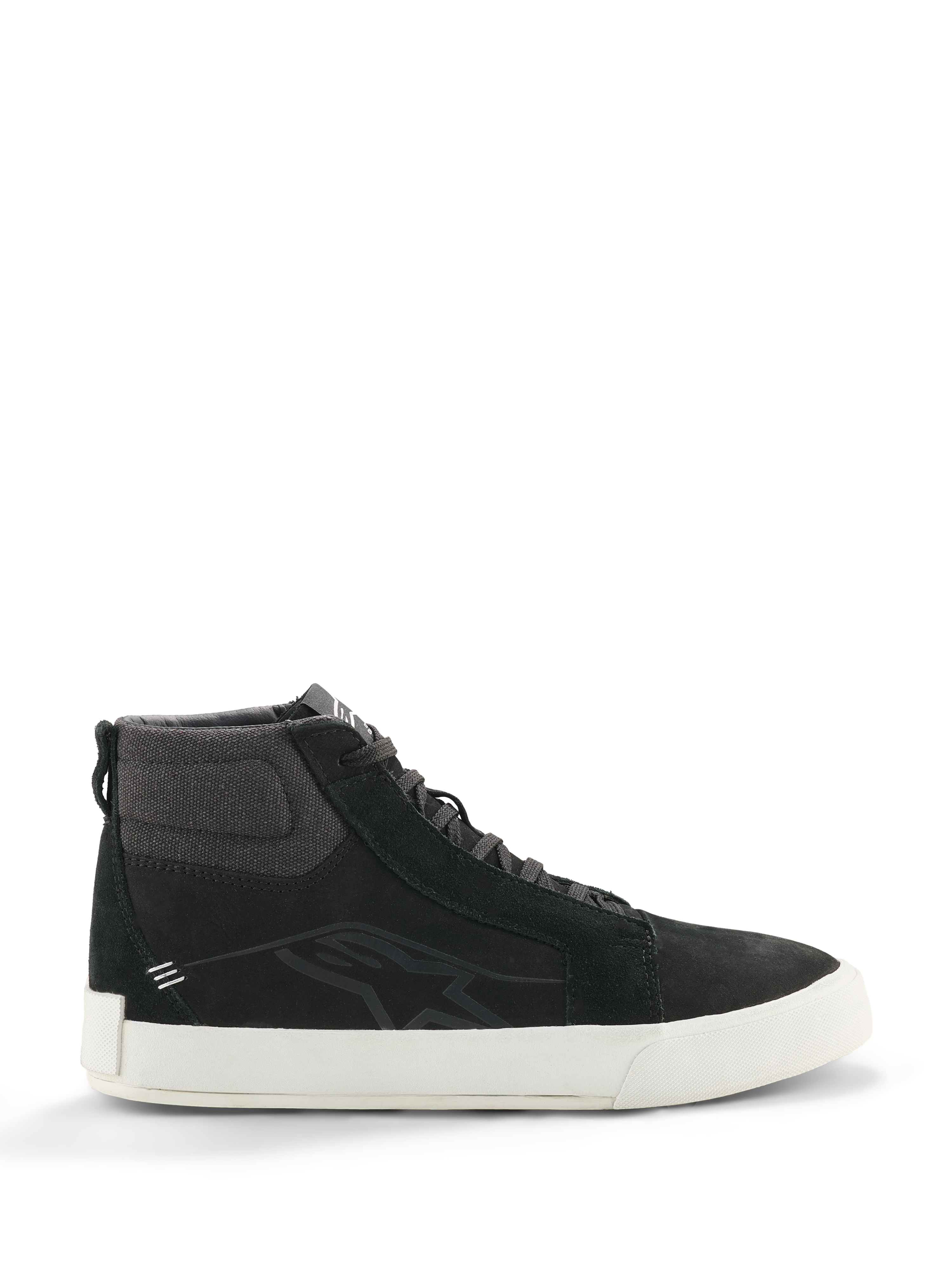 Scarpe in pelle Alpinestars Ride-63, sneakers alte nere, calzature da moto urban, suola bianca, colletto sulla caviglia in tessuto strutturato, pannelli in camoscio nero, design minimalista