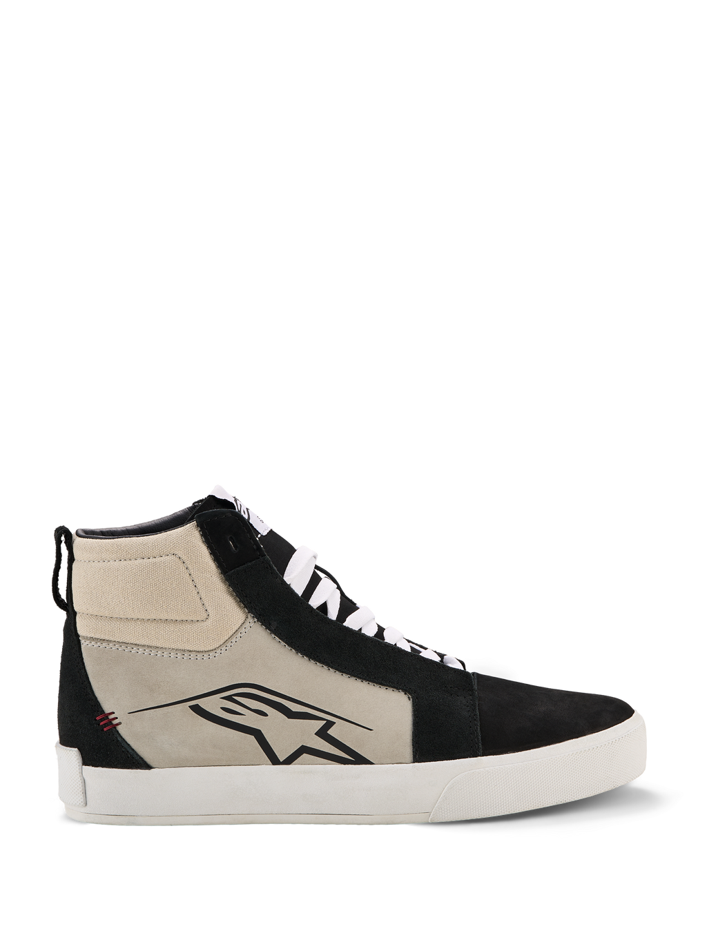 Alpinestars Ride-63, scarpe in pelle, sneaker da moto alte, nero, grigio freddo e bianco, profilo laterale con logo A-star nero, suola vulcanizzata bianca, rinforzi in camoscio, lacci bianchi, calzatura casual urbana da motorsport