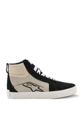 Alpinestars Ride-63, scarpe in pelle, sneaker da moto alte, nero, grigio freddo e bianco, profilo laterale con logo A-star nero, suola vulcanizzata bianca, rinforzi in camoscio, lacci bianchi, calzatura casual urbana da motorsport