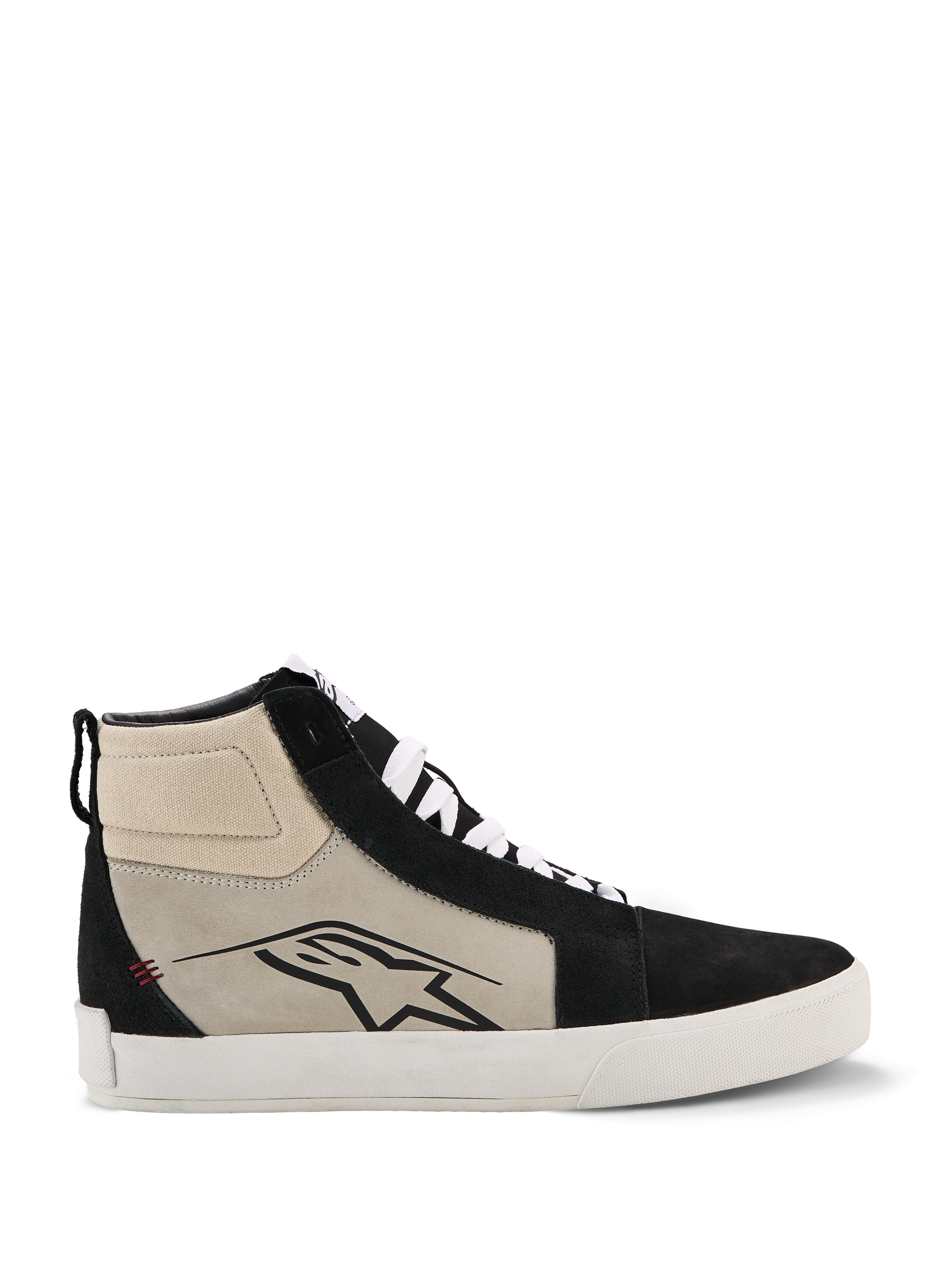 Alpinestars Ride-63, scarpe in pelle, sneaker da moto alte, nero, grigio freddo e bianco, profilo laterale con logo A-star nero, suola vulcanizzata bianca, rinforzi in camoscio, lacci bianchi, calzatura casual urbana da motorsport