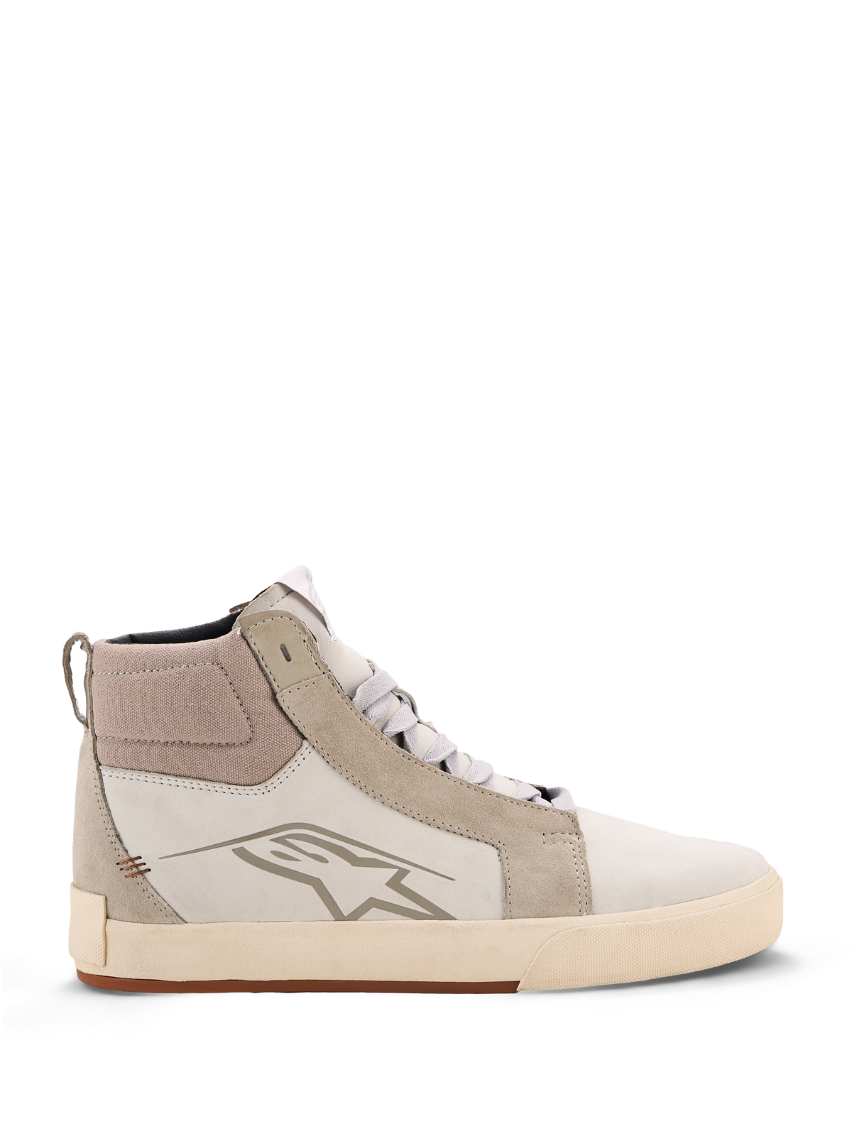 Alpinestars Ride-63 Leather Shoes, scarpe da moto urban, bianco sporco e grigio freddo con suola gum, design high-top con pannelli in pelle e camoscio, con logo Alpinestars sul lato e suola in gomma vulcanizzata testurizzata.