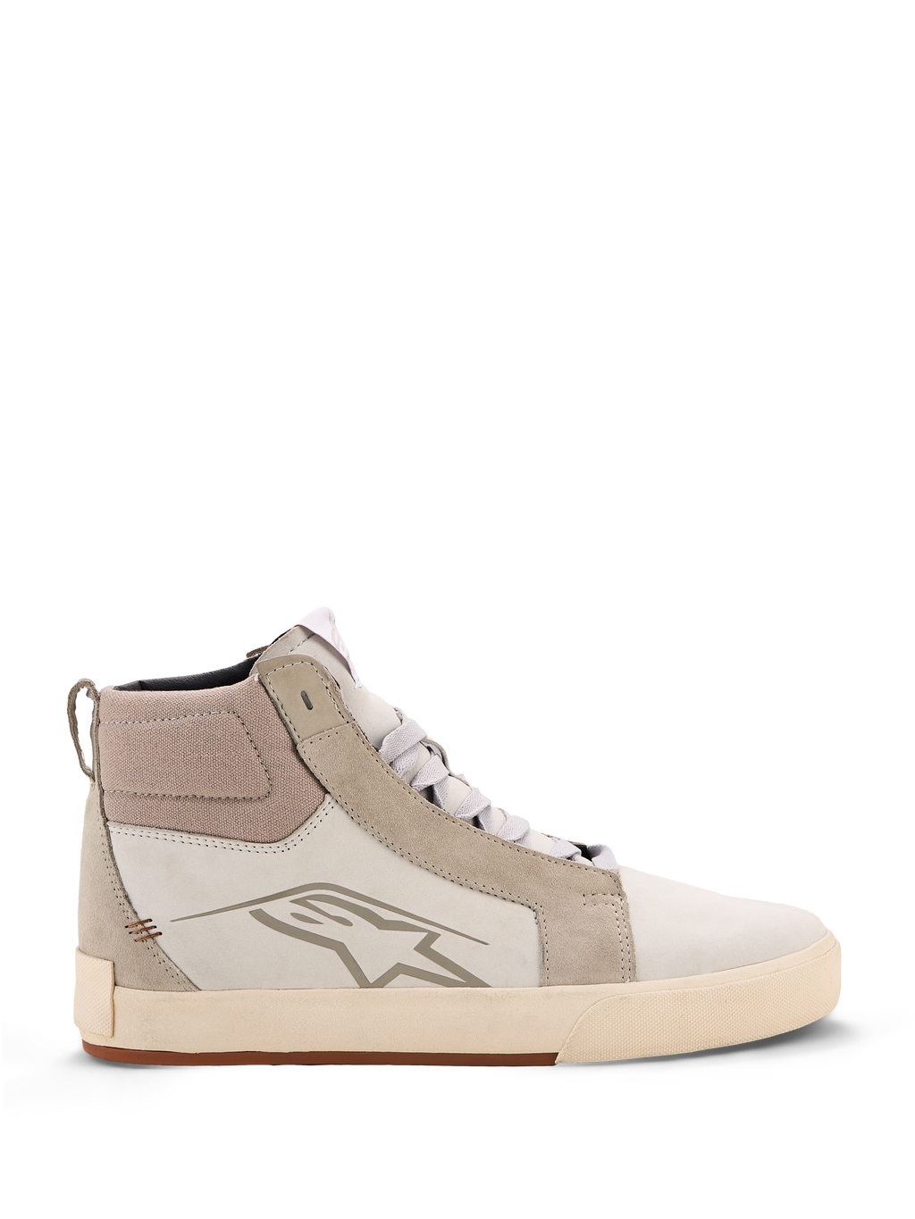 Alpinestars Ride-63 Leather Shoes, scarpe da moto urban, bianco sporco e grigio freddo con suola gum, design high-top con pannelli in pelle e camoscio, con logo Alpinestars sul lato e suola in gomma vulcanizzata testurizzata.