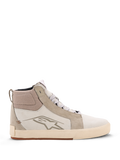 Alpinestars Ride-63 Leather Shoes, scarpe da moto urban, bianco sporco e grigio freddo con suola gum, design high-top con pannelli in pelle e camoscio, con logo Alpinestars sul lato e suola in gomma vulcanizzata testurizzata.