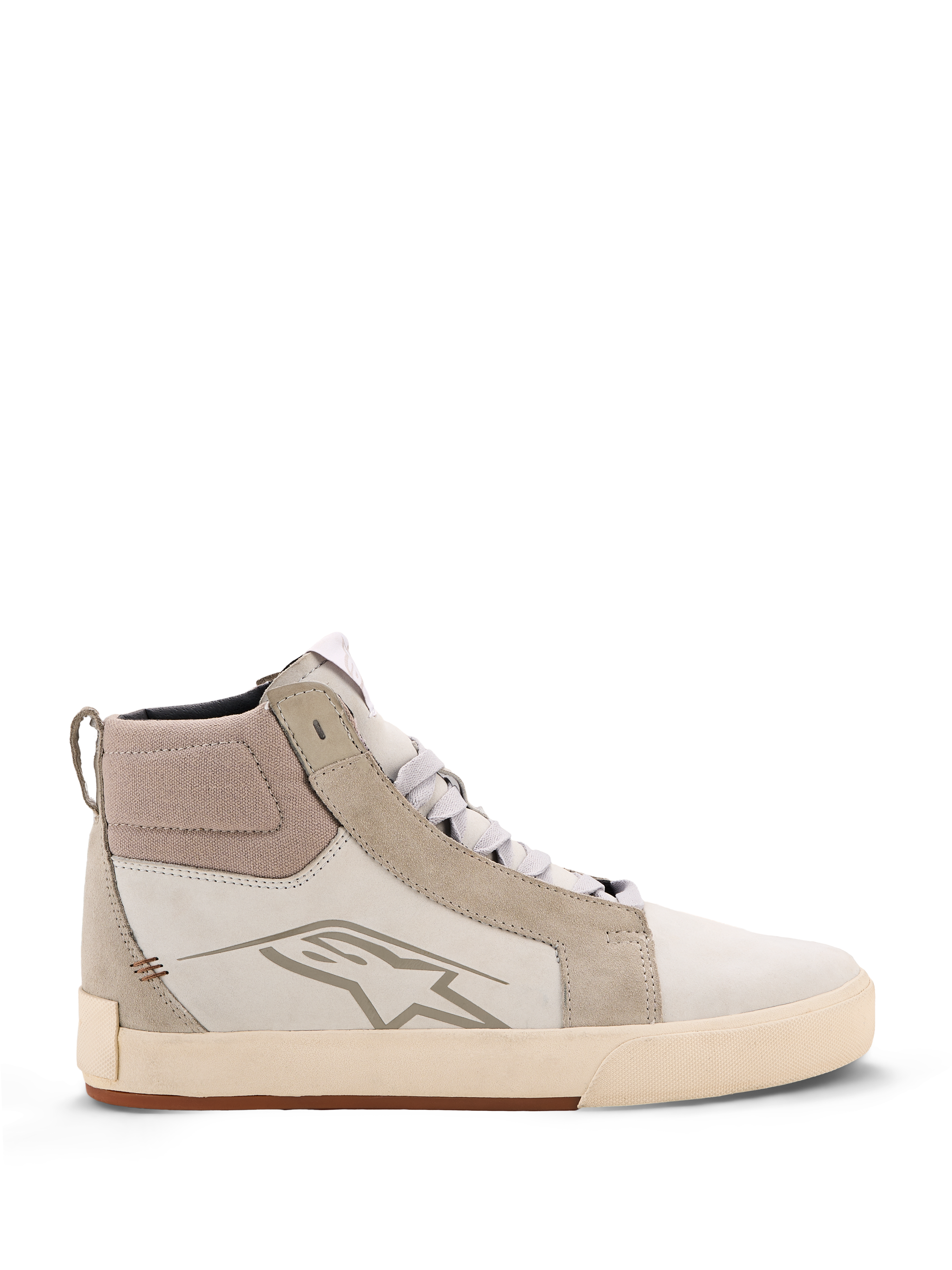 Alpinestars Ride-63 Leather Shoes, scarpe da moto urban, bianco sporco e grigio freddo con suola gum, design high-top con pannelli in pelle e camoscio, con logo Alpinestars sul lato e suola in gomma vulcanizzata testurizzata.