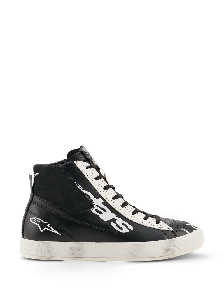 Alpinestars Stated Flair Shoes, sneaker alta da skate unisex, nero e bianco, pelle con pannelli traforati, suola bianca consumata, logo bianco laterale