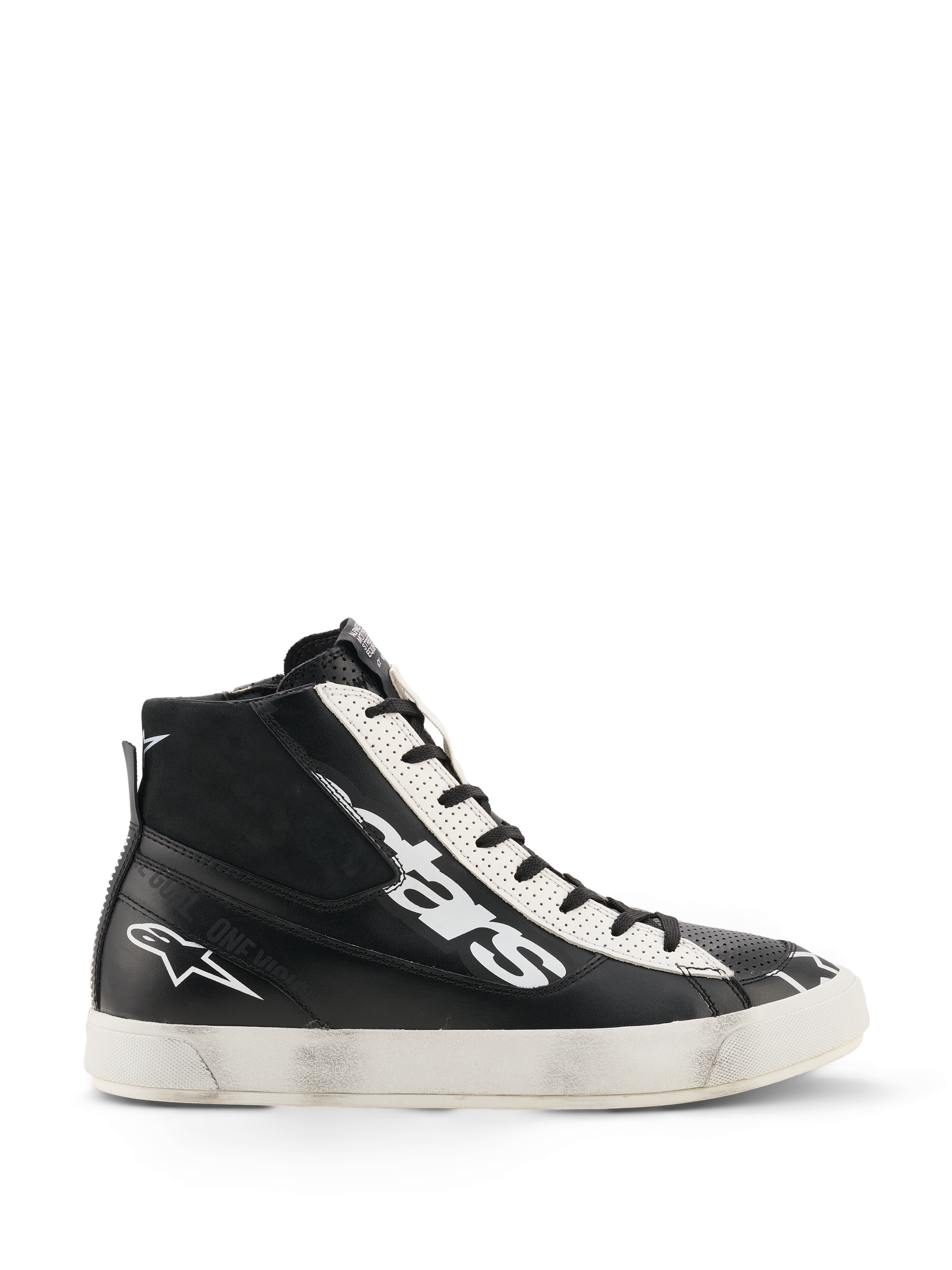 Scarpe Alpinestars Stated Flair, scarpe da moto urbane, nero e bianco, costruzione high-top in pelle con grande logo bianco sul lato, pannello degli occhielli bianco traforato, chiusura lampo laterale e suola in gomma bianca con patina vintage effetto usurato