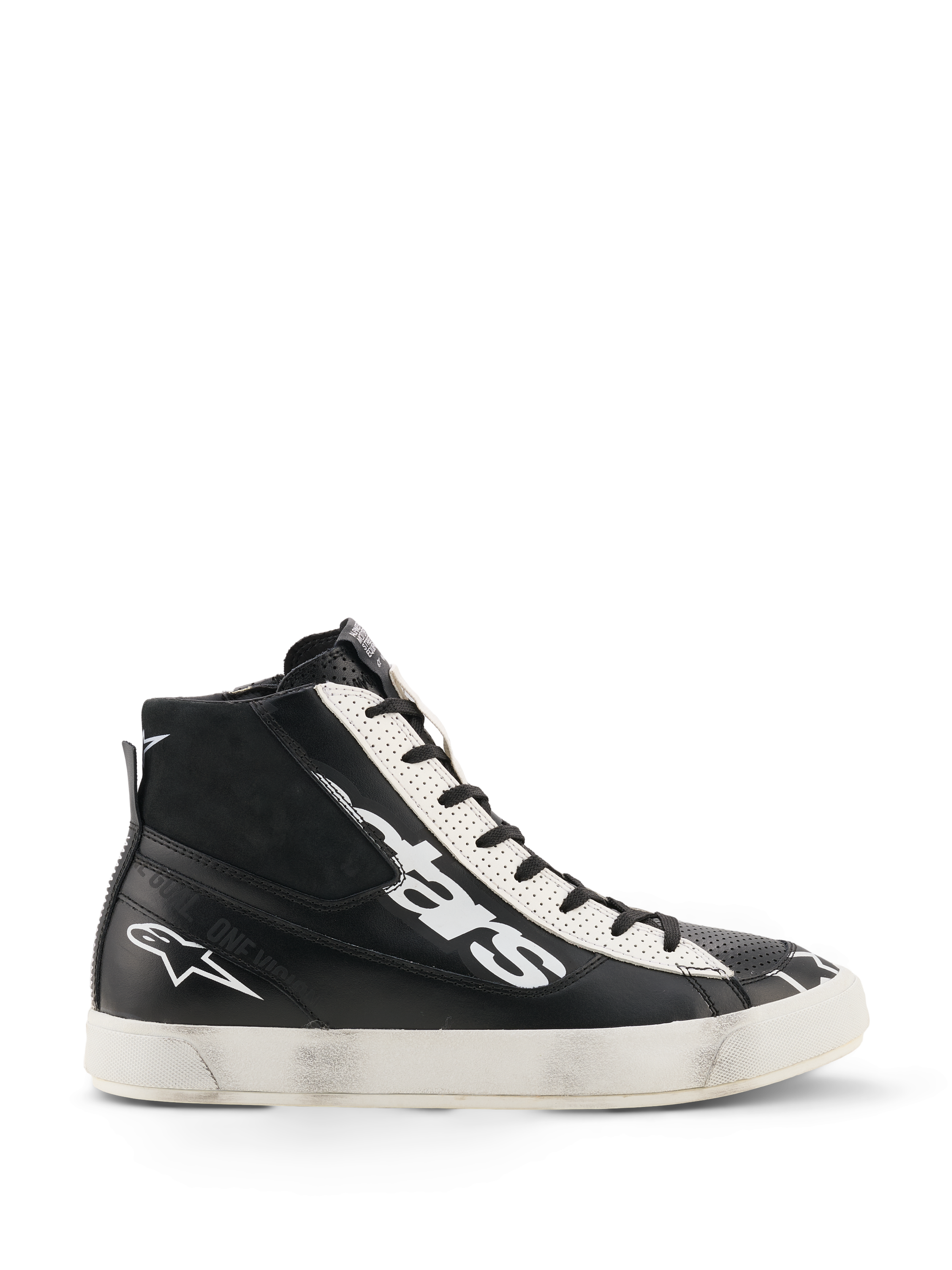 Scarpe Alpinestars Stated Flair, scarpe da moto urbane, nero e bianco, costruzione high-top in pelle con grande logo bianco sul lato, pannello degli occhielli bianco traforato, chiusura lampo laterale e suola in gomma bianca con patina vintage effetto usurato