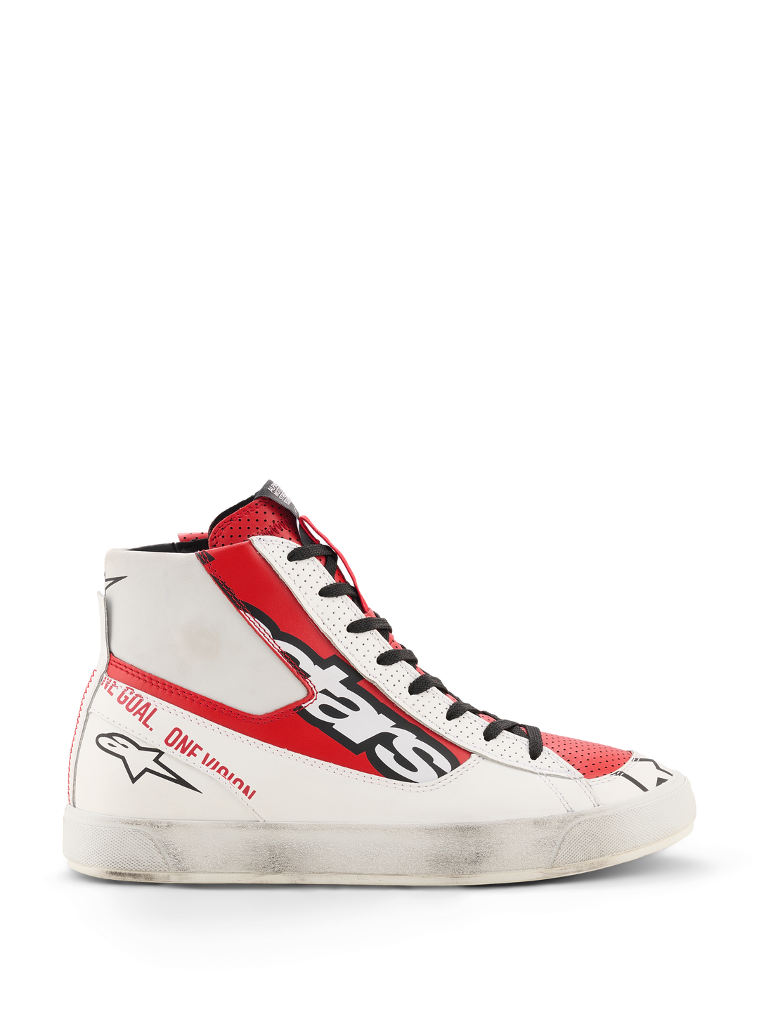 Alpinestars Stated Flair Shoes, sneaker alta unisex, bianco e rosso con dettagli neri, design sportivo con logo stella e scritta "ONE GOAL, ONE VISION" sul tallone