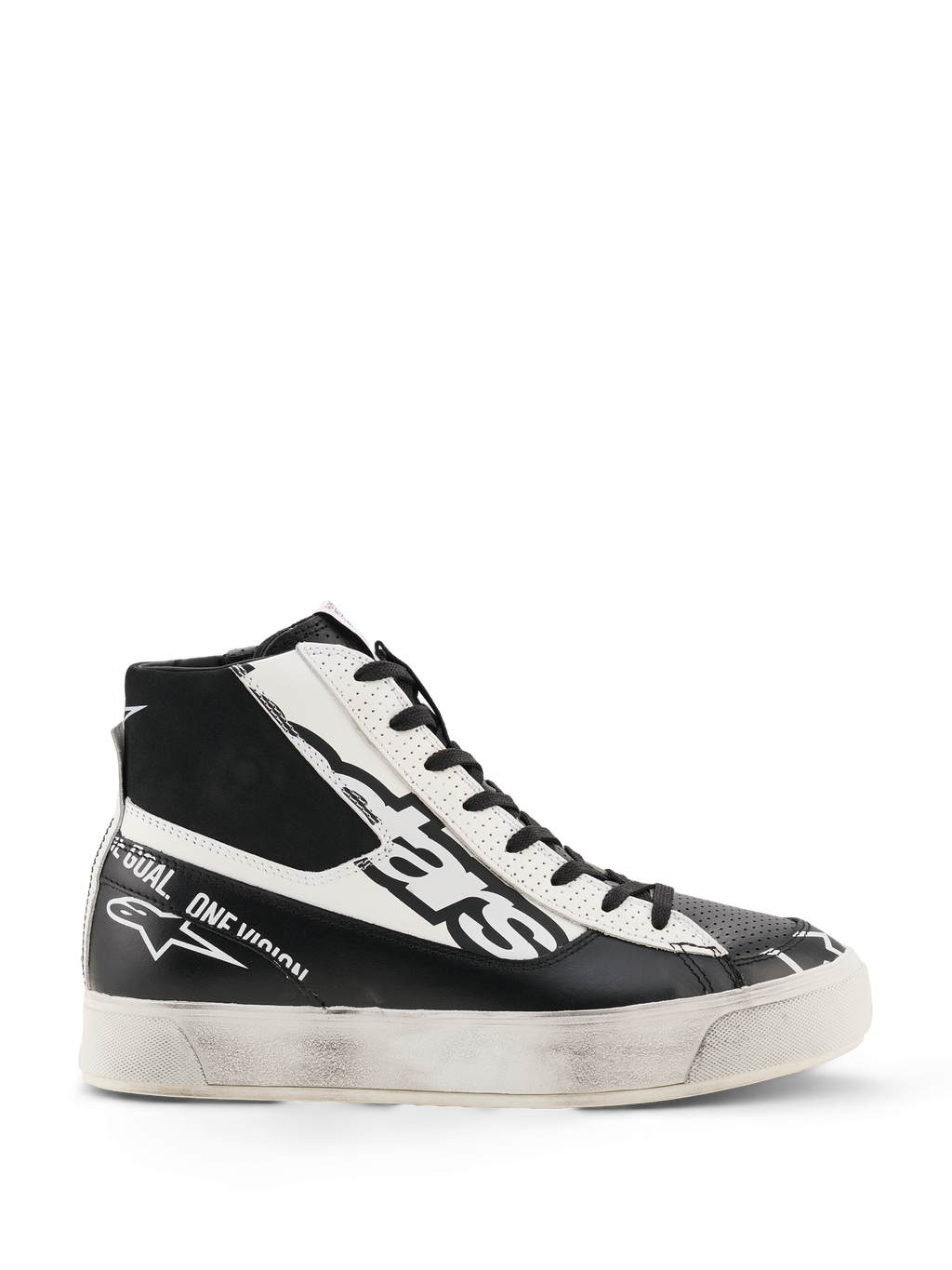 Alpinestars Stella Stated Flair Shoes, scarpe da moto alte da donna, nere e bianche, con pannelli in pelle traforata, loghi evidenti e suola con effetto usurato, urban streetwear ispirato al motorsport
