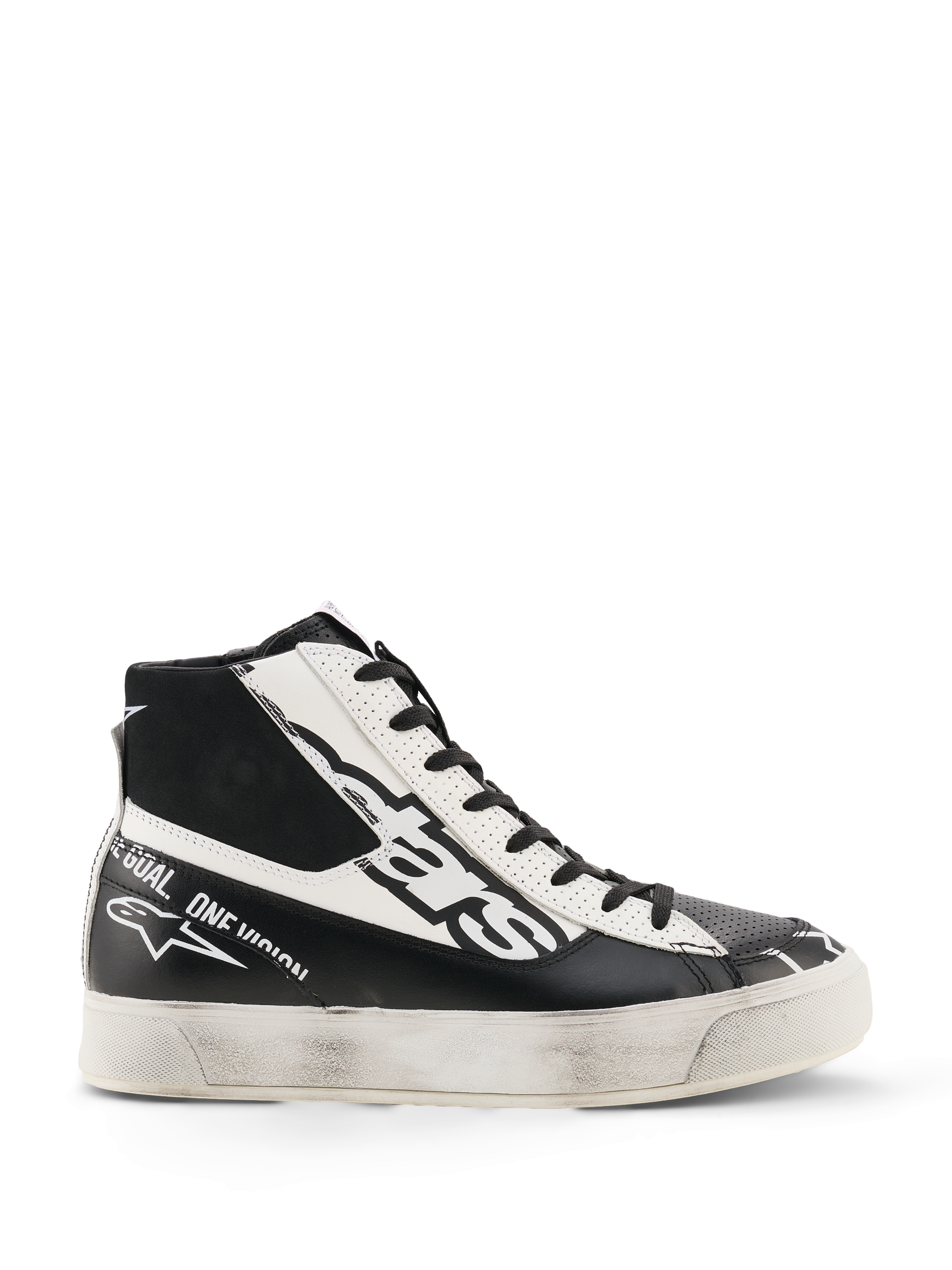 Alpinestars Stella Stated Flair Shoes, scarpe da moto alte da donna, nere e bianche, con pannelli in pelle traforata, loghi evidenti e suola con effetto usurato, urban streetwear ispirato al motorsport