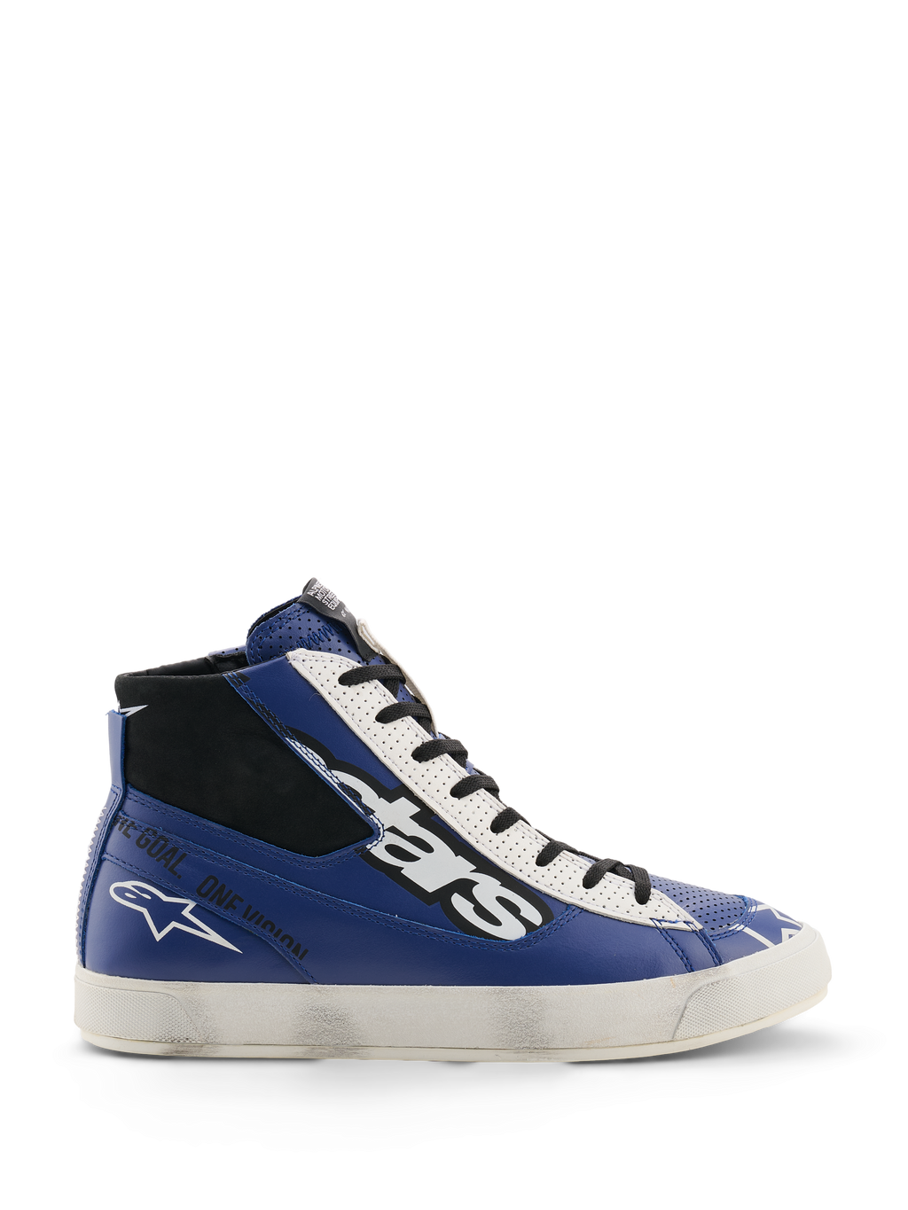 Alpinestars Scarpe Stated Flair, scarpe da moto urbane, blu acceso, bianco e nero, struttura in pelle a profilo alto con grande logo bianco e nero, scritta 'One Goal. One Vision.' sul lato e suola vulcanizzata bianca d'ispirazione vintage con effetto usurato applicato a mano