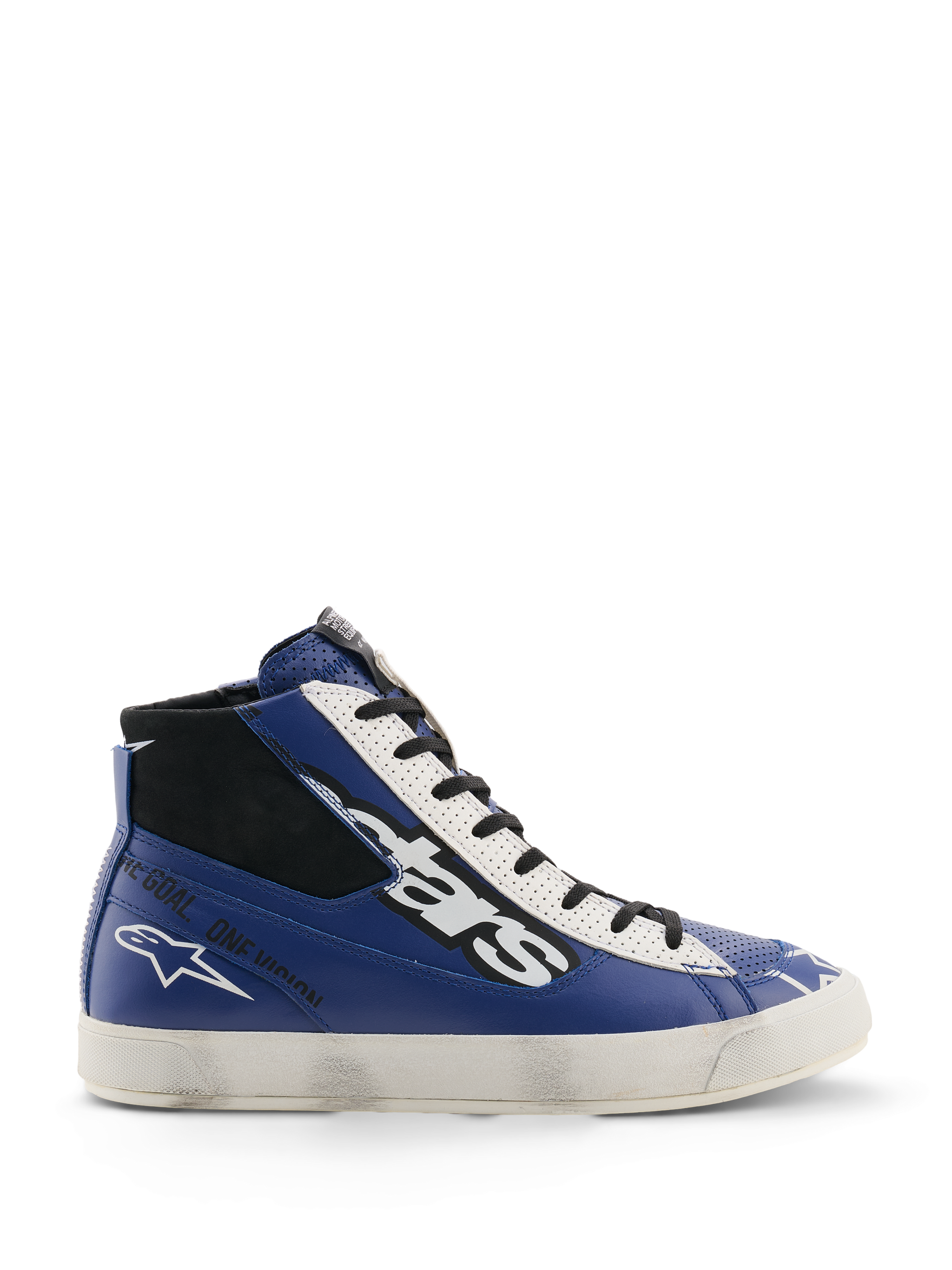 Alpinestars Scarpe Stated Flair, scarpe da moto urbane, blu acceso, bianco e nero, struttura in pelle a profilo alto con grande logo bianco e nero, scritta 'One Goal. One Vision.' sul lato e suola vulcanizzata bianca d'ispirazione vintage con effetto usurato applicato a mano