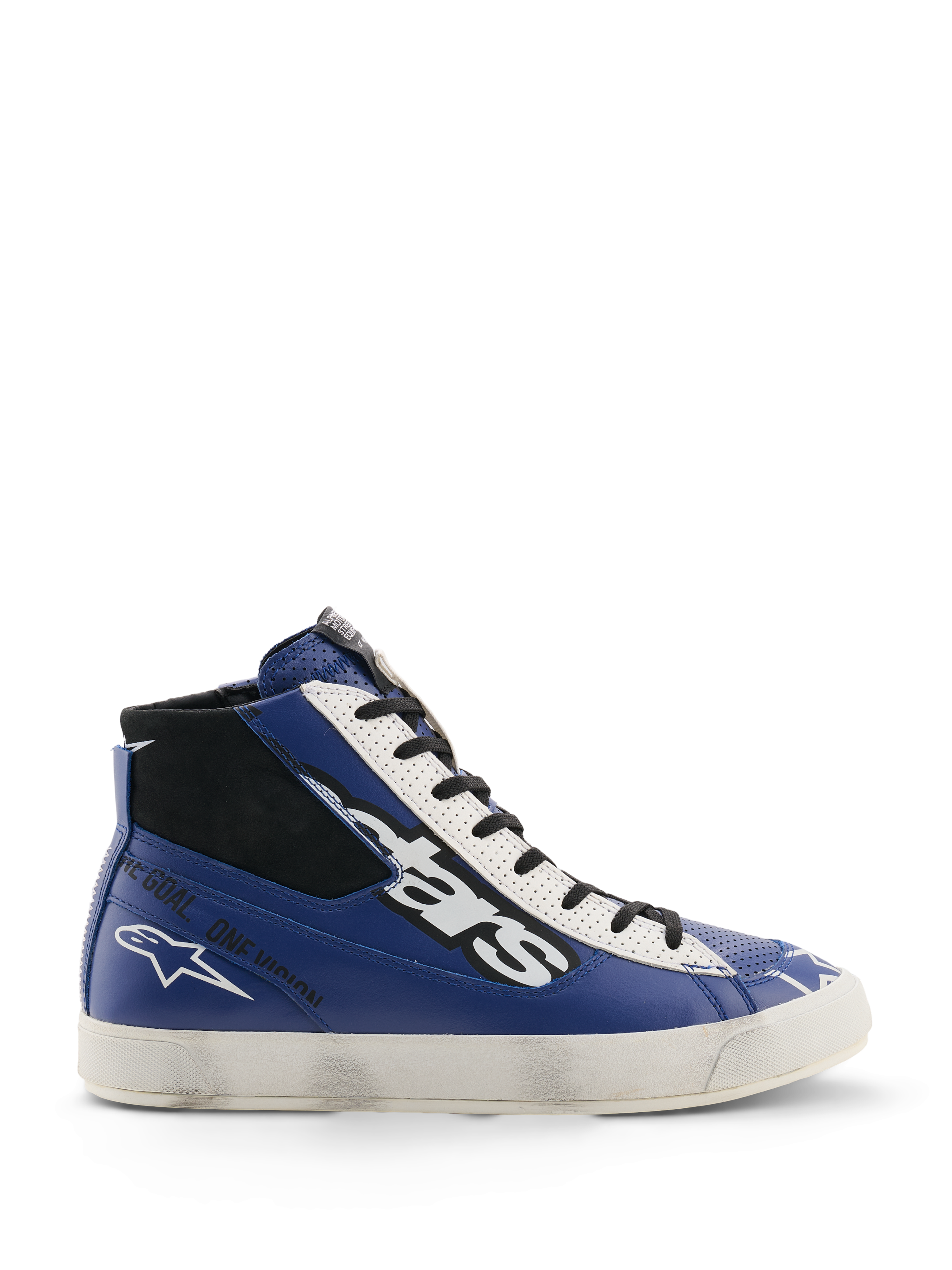 Alpinestars Scarpe Stated Flair, scarpe da moto urbane, blu acceso, bianco e nero, struttura in pelle a profilo alto con grande logo bianco e nero, scritta 'One Goal. One Vision.' sul lato e suola vulcanizzata bianca d'ispirazione vintage con effetto usurato applicato a mano