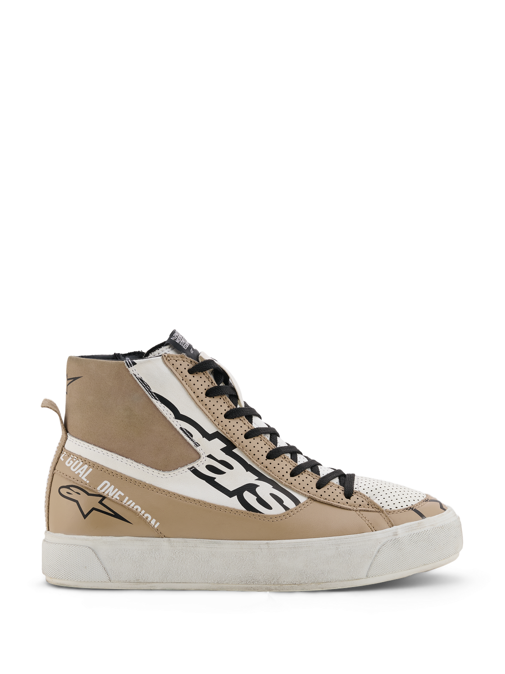 Alpinestars Stella Stated Flair Shoes, scarpe da moto alte da donna, grigio caldo e bianco, lacci neri, dettagli in pelle traforata, scritta 'One Goal. One Vision.' sul lato
