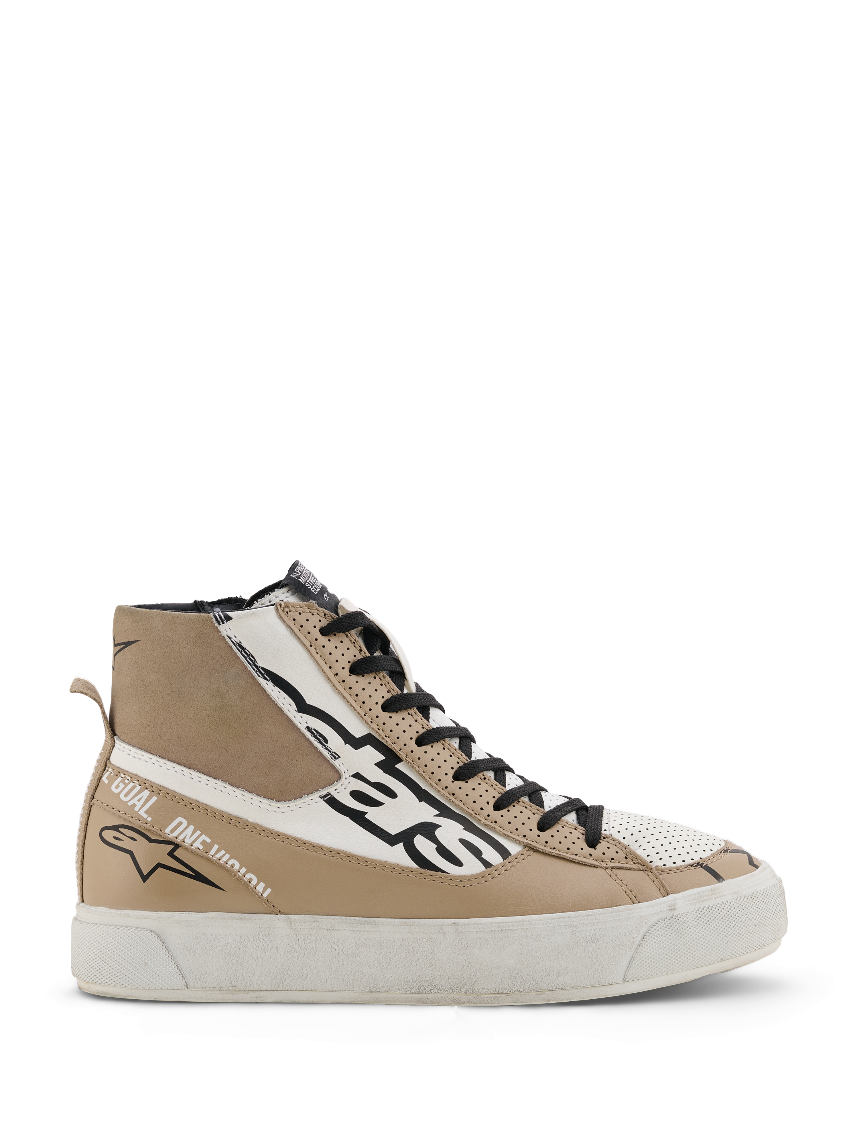 Alpinestars Stella Stated Flair Shoes, scarpe da moto alte da donna, grigio caldo e bianco, lacci neri, dettagli in pelle traforata, scritta 'One Goal. One Vision.' sul lato