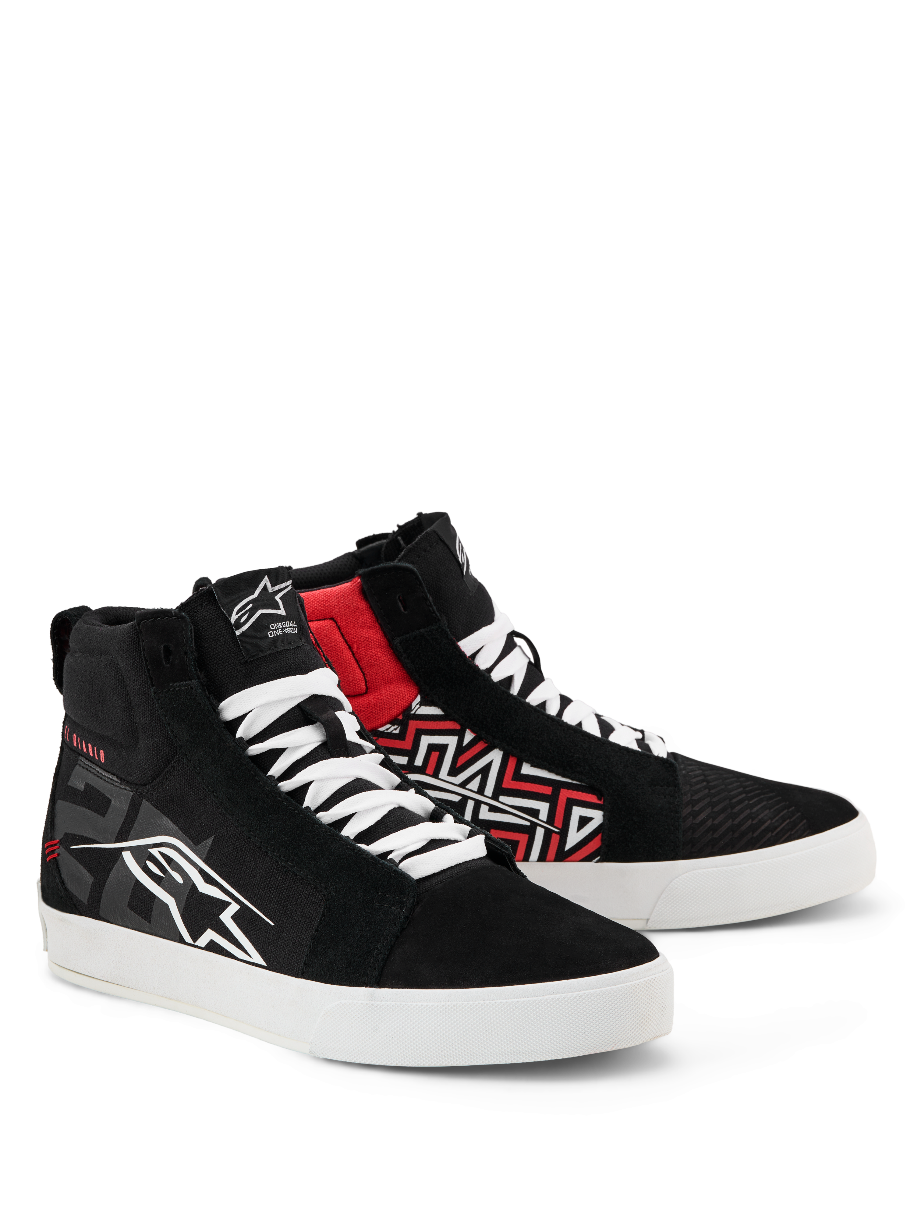Scarpe in tela Alpinestars FQ20 Ride-63, scarpe da moto casual per uso urbano, nero, bianco e rosso acceso, design high-top in tela con lacci e suole bianche, con loghi Alpinestars e grafiche geometriche rosse, calzature lifestyle ispirate al motorsport