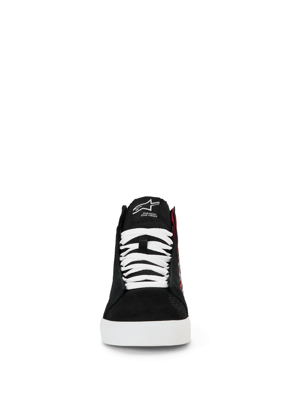 Scarpe Alpinestars FQ20 Ride-63 Canvas, scarpe da moto urbane, nero, bianco e rosso acceso, vista frontale di silhouette high-top con lacci bianchi, tomaia in tela nera e suola bianca, con logo ricamato sulla linguetta e design casual ispirato allo skate