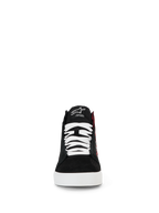 Scarpe Alpinestars FQ20 Ride-63 Canvas, scarpe da moto urbane, nero, bianco e rosso acceso, vista frontale di silhouette high-top con lacci bianchi, tomaia in tela nera e suola bianca, con logo ricamato sulla linguetta e design casual ispirato allo skate