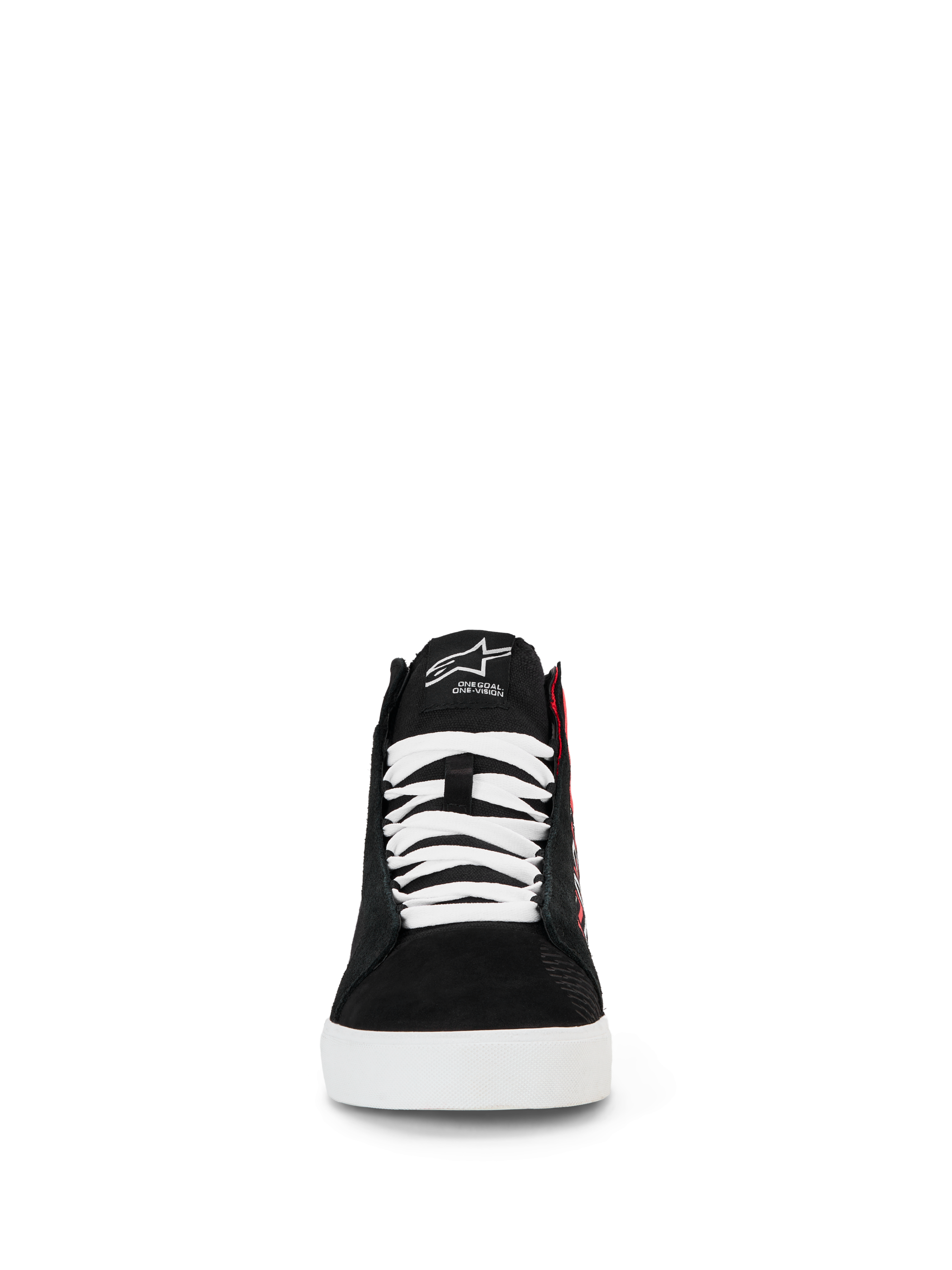 Scarpe Alpinestars FQ20 Ride-63 Canvas, scarpe da moto urbane, nero, bianco e rosso acceso, vista frontale di silhouette high-top con lacci bianchi, tomaia in tela nera e suola bianca, con logo ricamato sulla linguetta e design casual ispirato allo skate