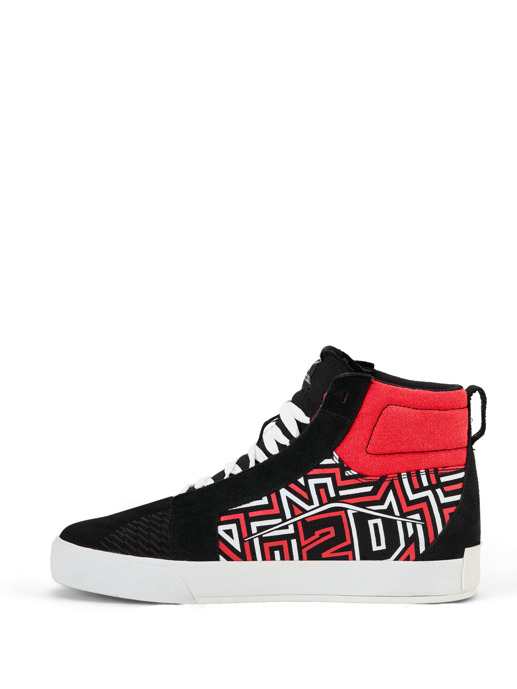 Alpinestars FQ20 Ride-63 Canvas Shoes, scarpa da moto alta, nero, bianco e rosso brillante, con motivo grafico stilizzato sul lato, lacci bianchi e spessa suola vulcanizzata bianca, design casual stile skate per la guida urbana