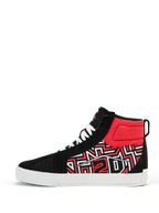 Alpinestars FQ20 Ride-63 Canvas Shoes, scarpa da moto alta, nero, bianco e rosso brillante, con motivo grafico stilizzato sul lato, lacci bianchi e spessa suola vulcanizzata bianca, design casual stile skate per la guida urbana