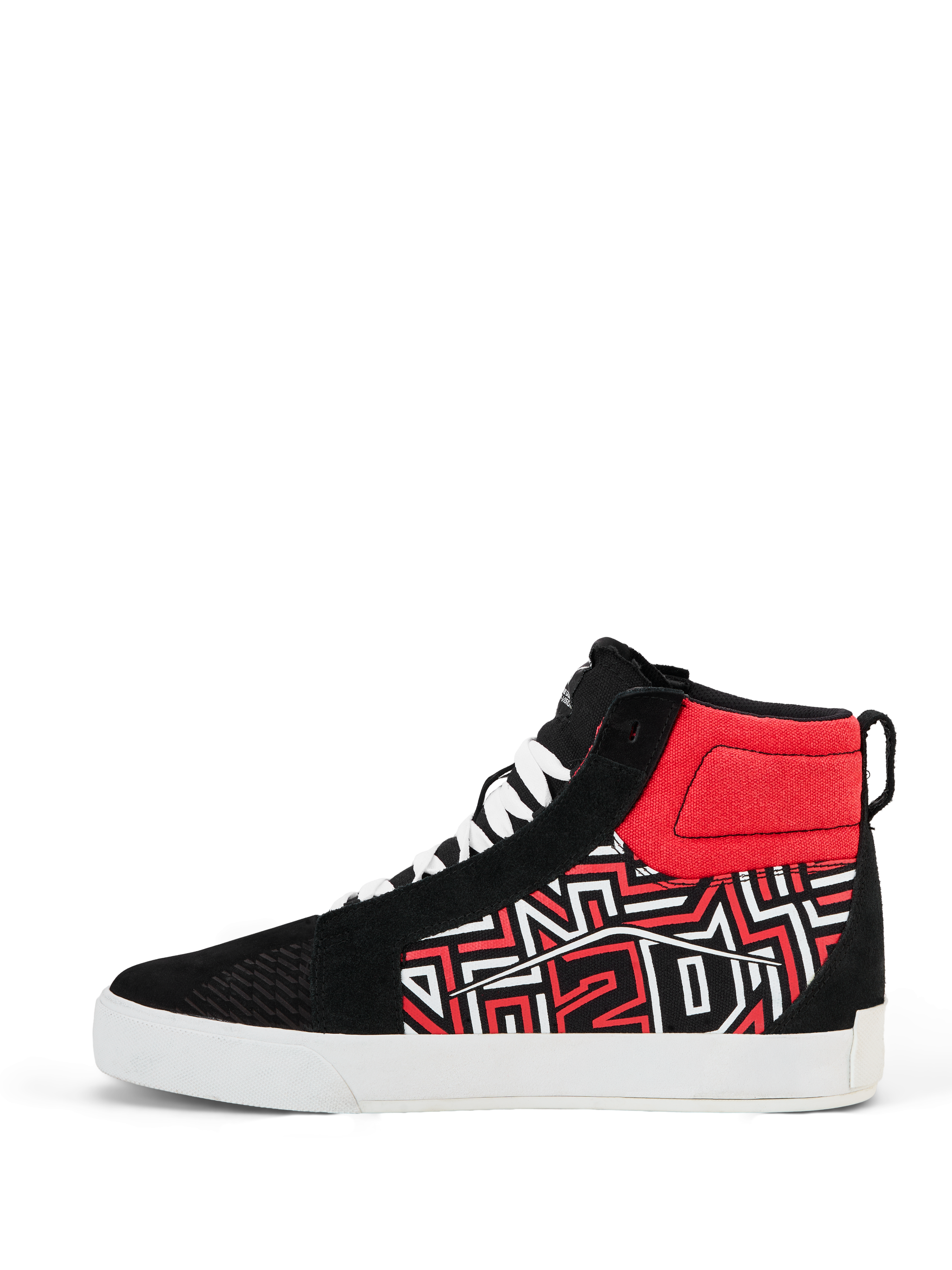 Alpinestars FQ20 Ride-63 Canvas Shoes, scarpa da moto alta, nero, bianco e rosso brillante, con motivo grafico stilizzato sul lato, lacci bianchi e spessa suola vulcanizzata bianca, design casual stile skate per la guida urbana