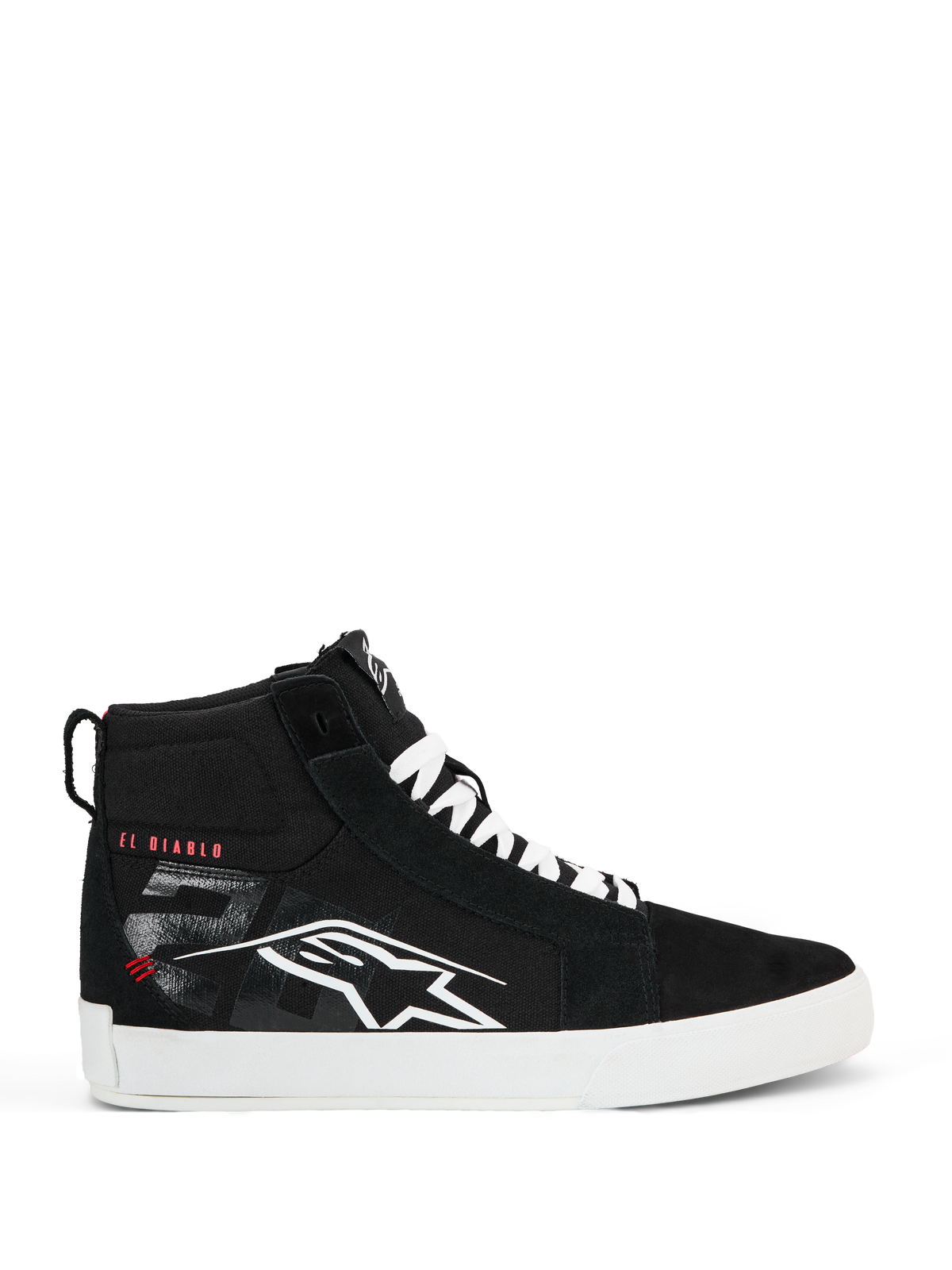 Scarpe Alpinestars FQ20 Ride-63 Canvas, scarpe da moto alte nere, logo Alpinestars bianco e scritta "EL DIABLO" rossa sul lato, suola e lacci bianchi, calzature da moto casual e urbane