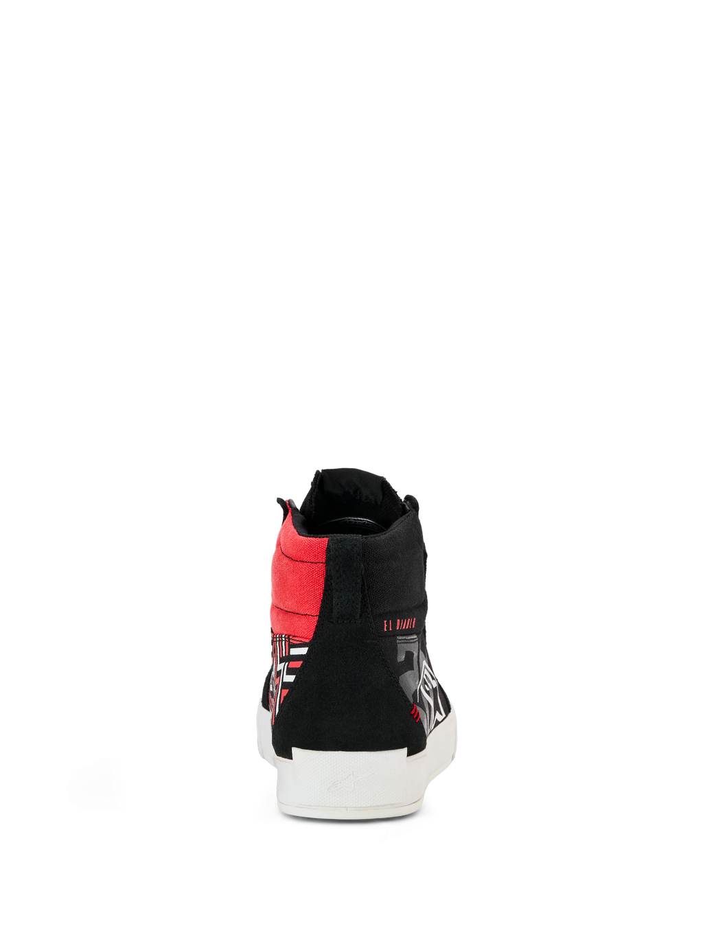 Alpinestars FQ20 Ride-63 Canvas Shoes, vista posteriore, scarpa alta in tela nera con accenti rosso acceso e suola vulcanizzata bianca, con marchio 'EL DIABLO', calzatura urbana casual per la guida
