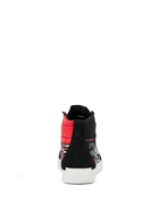 Alpinestars FQ20 Ride-63 Canvas Shoes, vista posteriore, scarpa alta in tela nera con accenti rosso acceso e suola vulcanizzata bianca, con marchio 'EL DIABLO', calzatura urbana casual per la guida