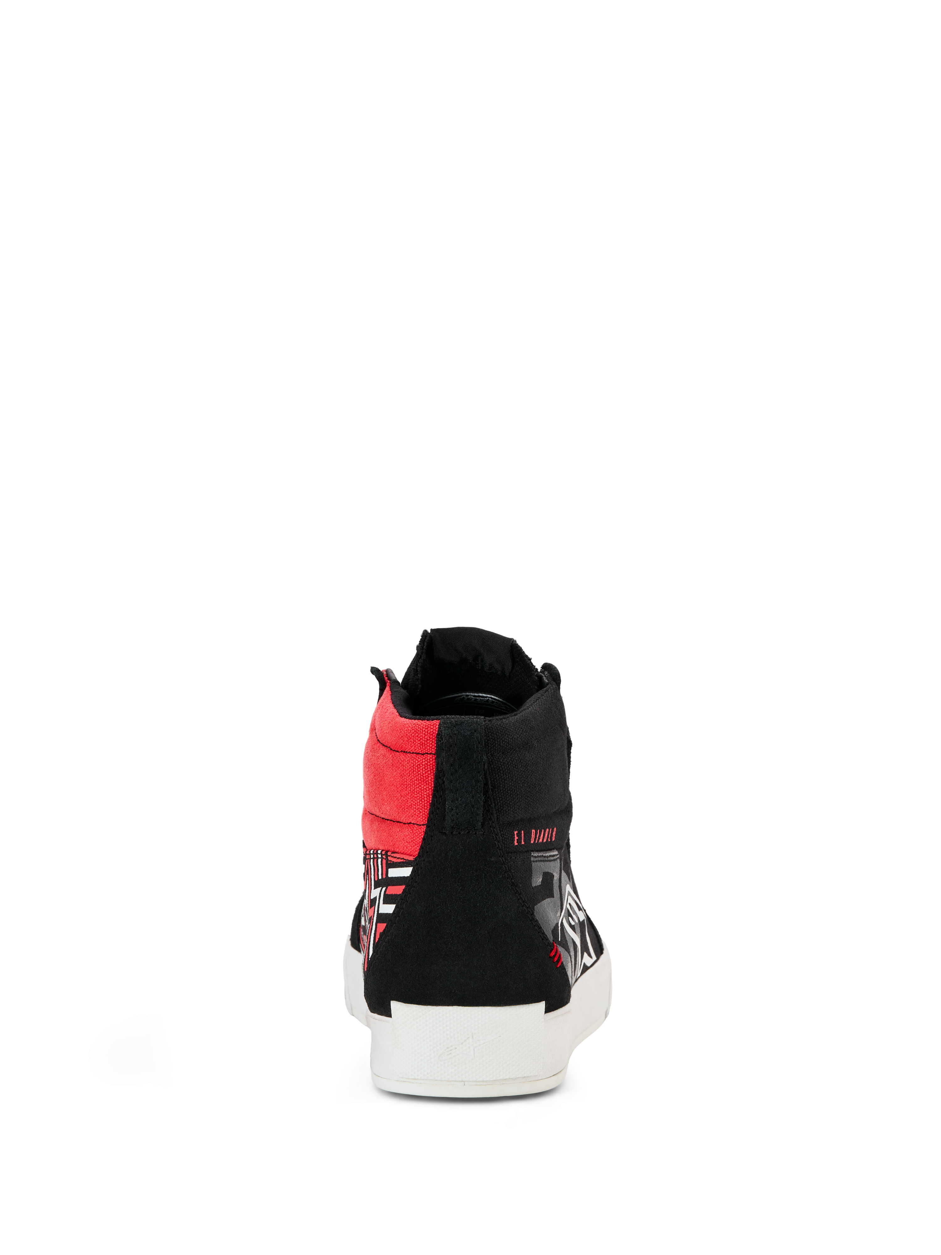 Alpinestars FQ20 Ride-63 Canvas Shoes, vista posteriore, scarpa alta in tela nera con accenti rosso acceso e suola vulcanizzata bianca, con marchio 'EL DIABLO', calzatura urbana casual per la guida