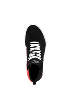 Alpinestars FQ20 Ride-63 Canvas Shoe, vista dall'alto, nera con lacci bianchi e sezione del tallone rosso acceso, scarpa da moto casual alta con logo Alpinestars sulla linguetta