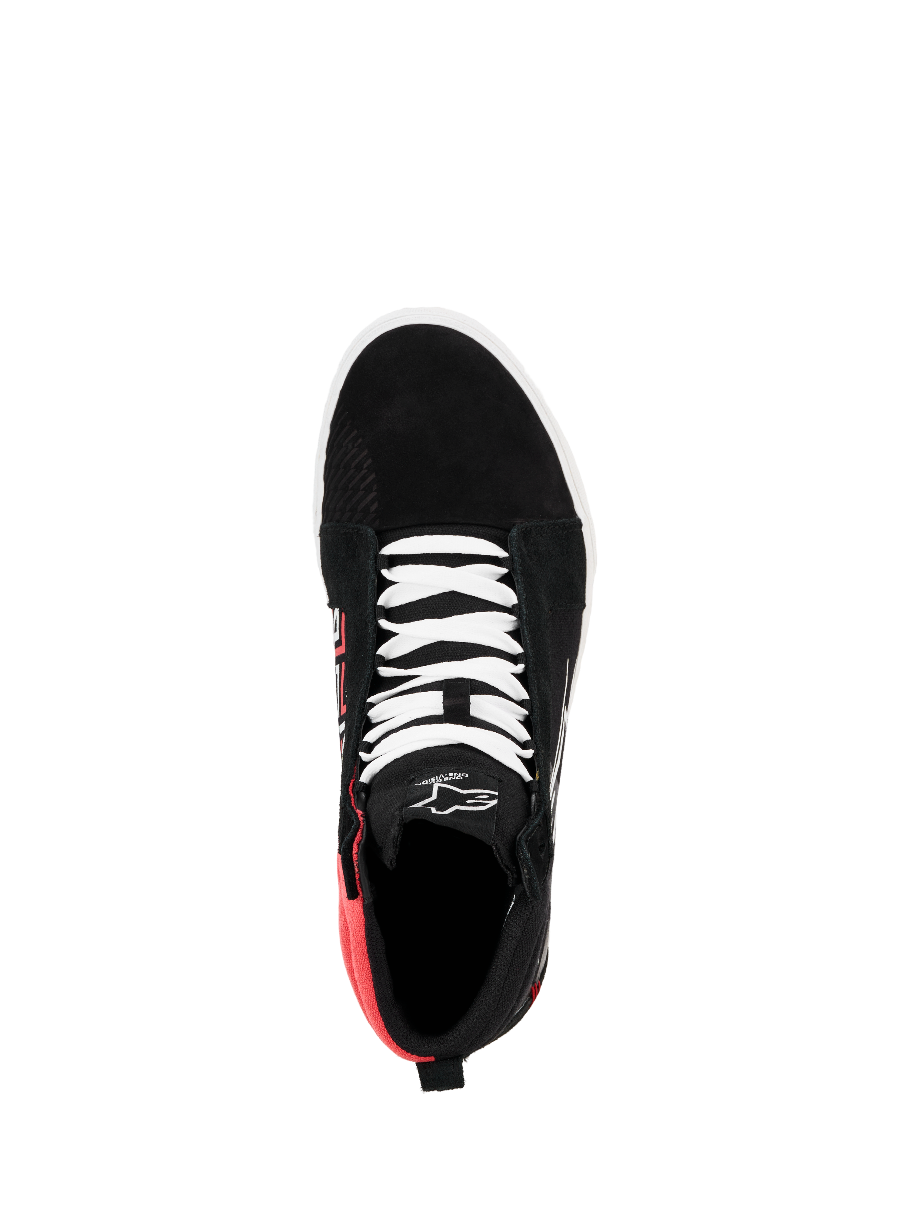 Alpinestars FQ20 Ride-63 Canvas Shoe, vista dall'alto, nera con lacci bianchi e sezione del tallone rosso acceso, scarpa da moto casual alta con logo Alpinestars sulla linguetta