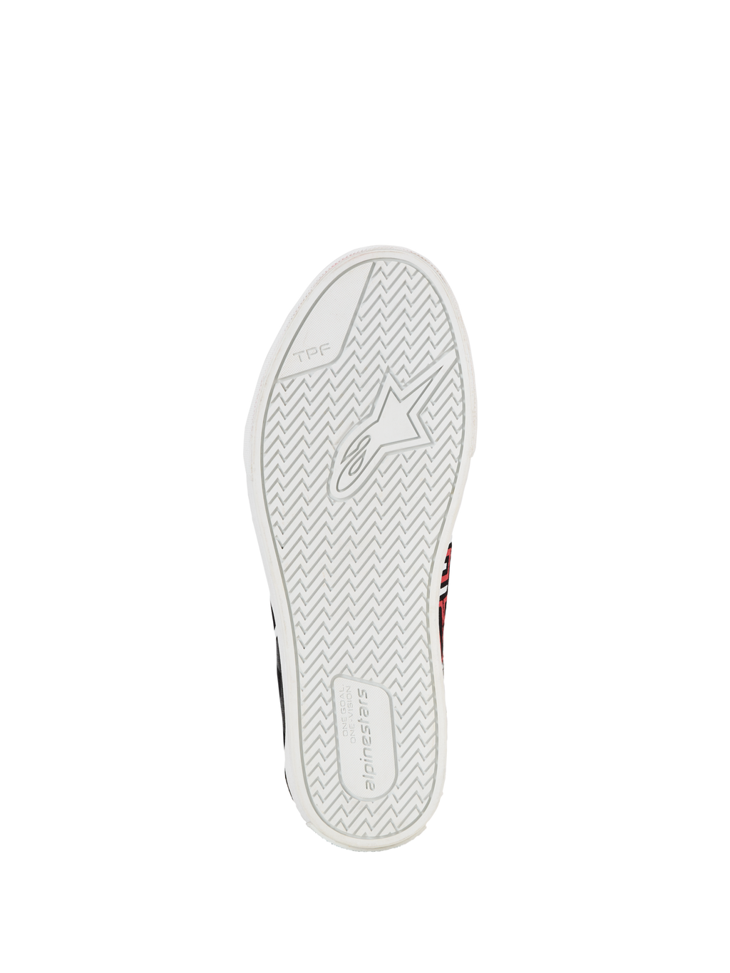 Alpinestars FQ20 Ride-63 Canvas Shoes, scarpe da moto urbane, vista della suola in gomma vulcanizzata bianca con battistrada a spina di pesce, logo Alpinestars e marcatura TPF, progettate per grip e comfort in sella e a piedi